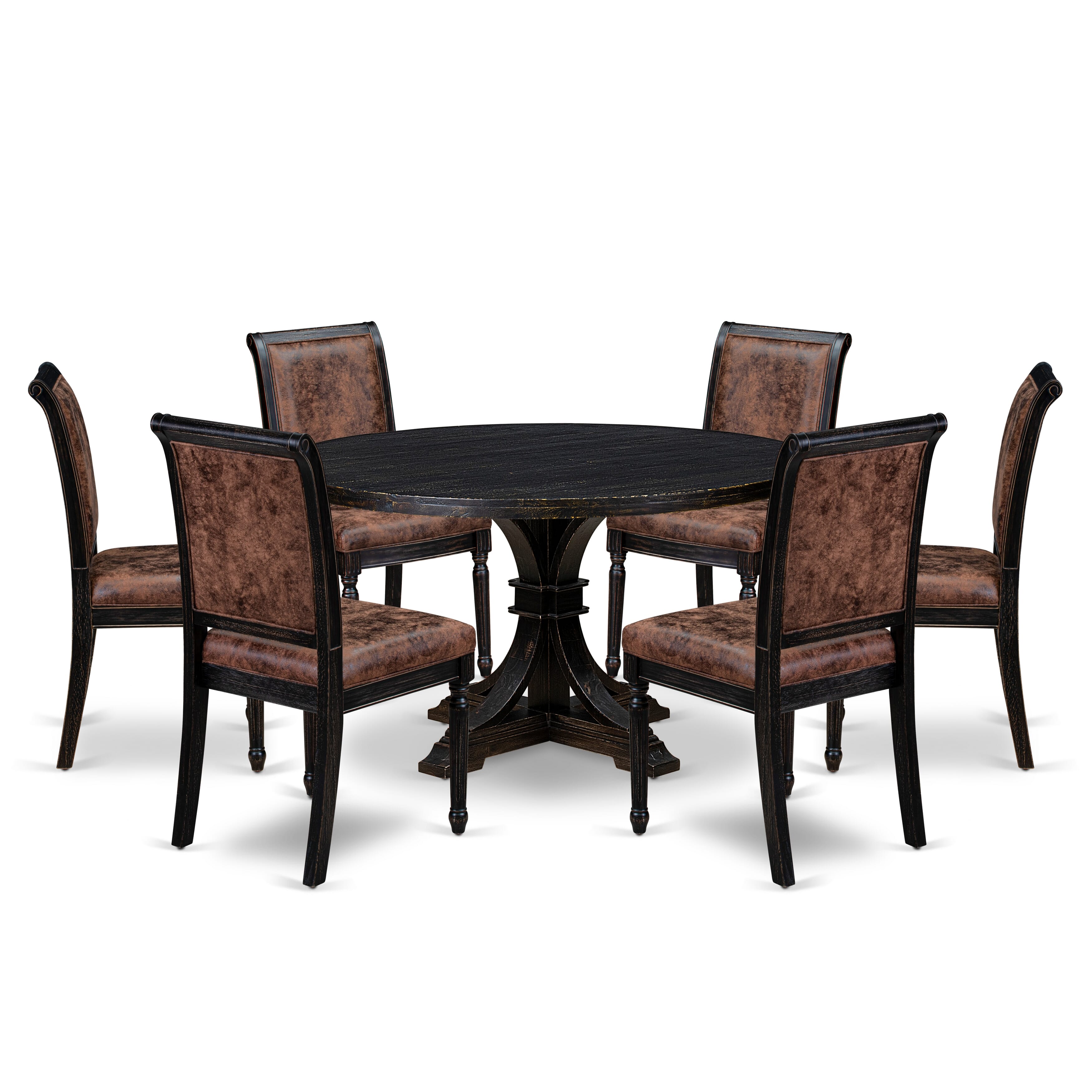 Luxe by East West Furniture I7CY7-511-33 7-piece Dining Set with Polyester 6 Brown Textured Padded chairs, High Back, and A Dining Room Table in Sand Blasting Black Finish.