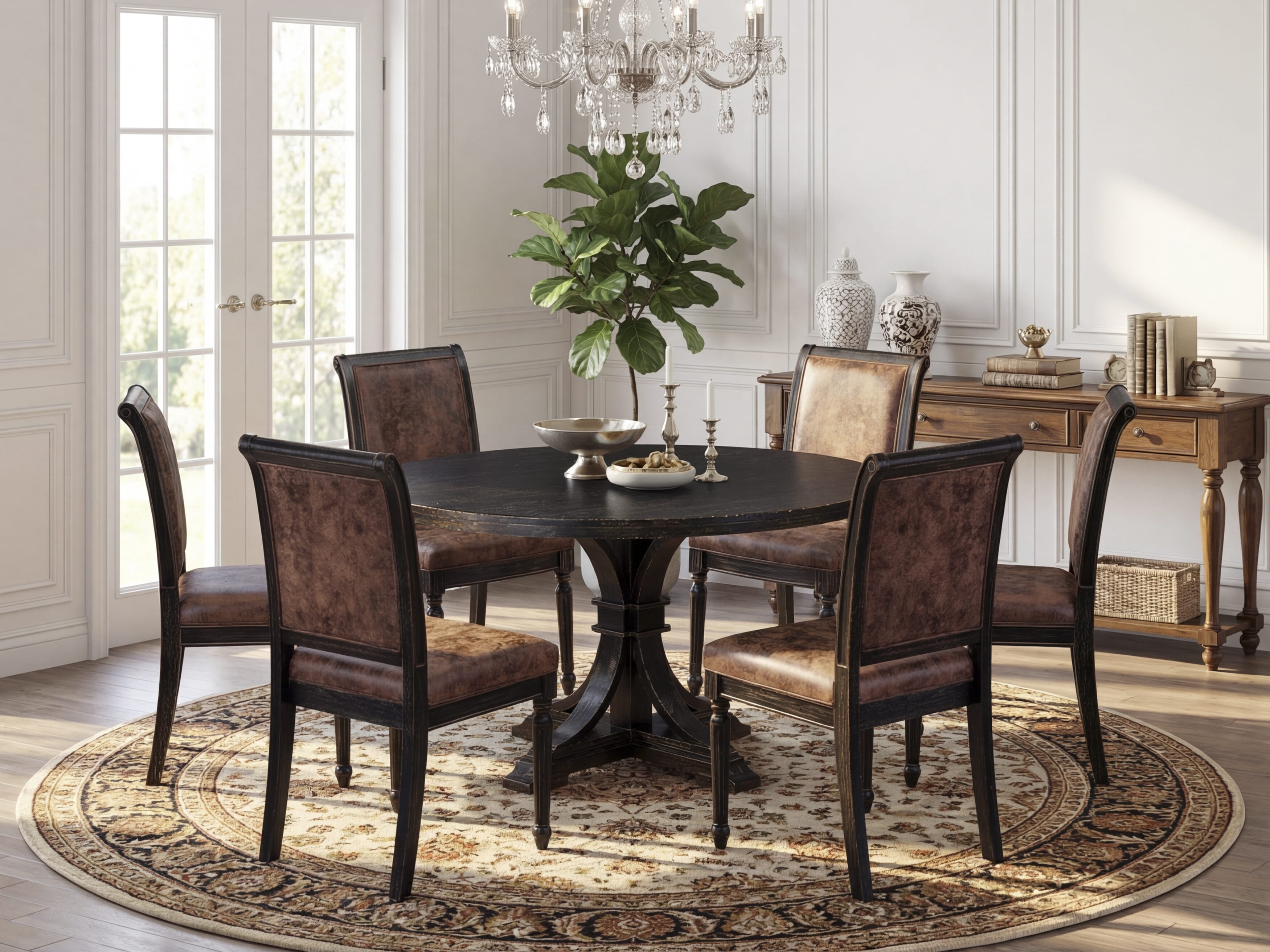 Luxe by East West Furniture I7CY7-511-33 7-piece Dining Set with Polyester 6 Brown Textured Padded chairs, High Back, and A Dining Room Table in Sand Blasting Black Finish.