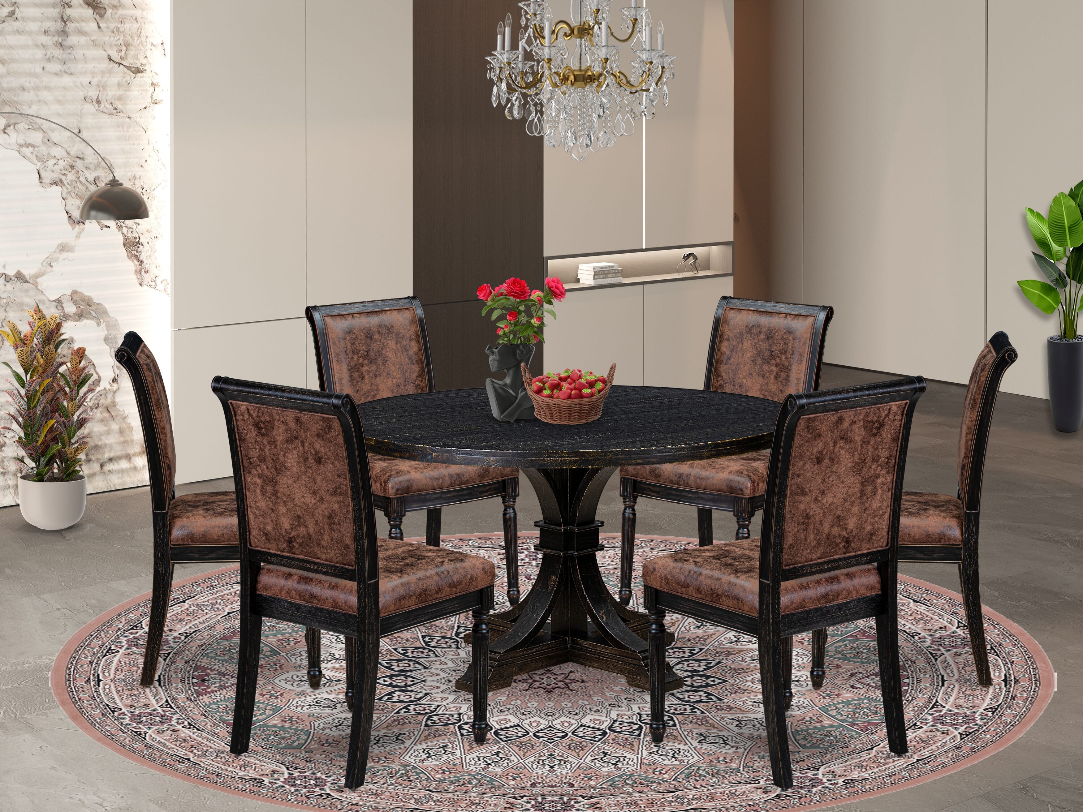 Luxe by East West Furniture I7CY7-511-33 7-piece Dining Set with Polyester 6 Brown Textured Padded chairs, High Back, and A Dining Room Table in Sand Blasting Black Finish.