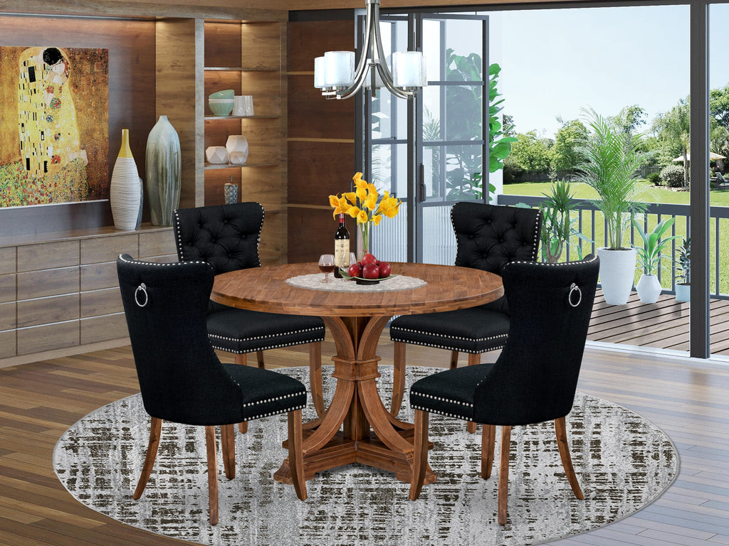 Luxe by East West Furniture I7DA5-40N-24 5-Piece Kitchen Set with Linen Fabric 4 Black upholstered dining chairs, Button-Tufted Backs, and a 48"Round Breakfast Table in Antique Walnut Finish.