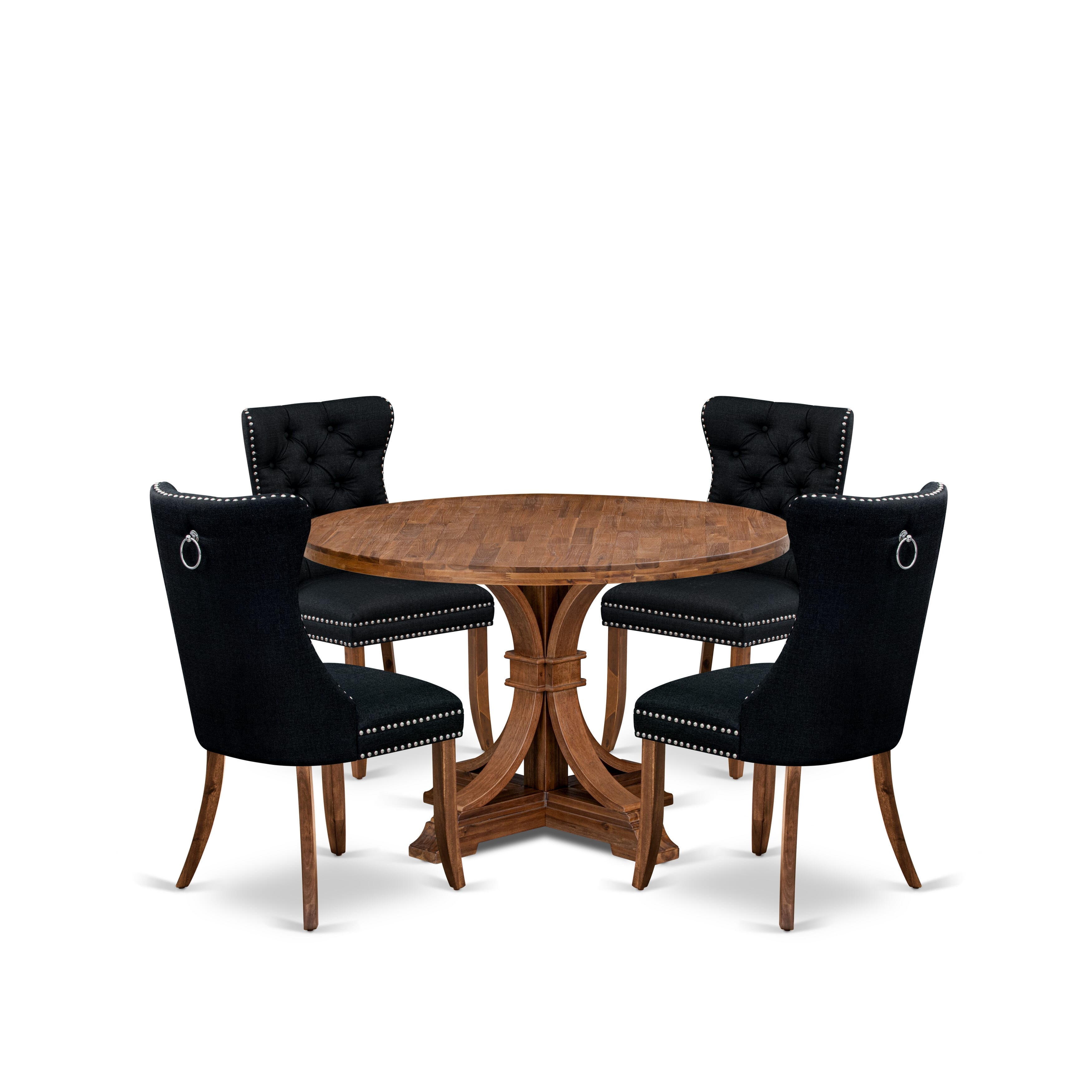 Luxe by East West Furniture I7DA5-40N-24 5-Piece Kitchen Set with Linen Fabric 4 Black upholstered dining chairs, Button-Tufted Backs, and a 48"Round Breakfast Table in Antique Walnut Finish.