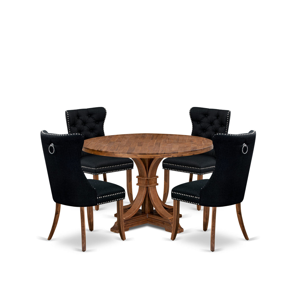 Luxe by East West Furniture I7DA5-40N-24 5-Piece Kitchen Set with Linen Fabric 4 Black upholstered dining chairs, Button-Tufted Backs, and a 48"Round Breakfast Table in Antique Walnut Finish.