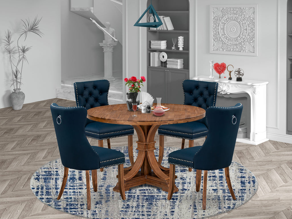 Luxe by East West Furniture I7DA5-40N-29 5-Piece Kitchen Table Set with Faux Leather 4 Navy Blue Dining chairs, Button-Tufted Backs, and a 48"Round Kitchen Table in Antique Walnut Finish.