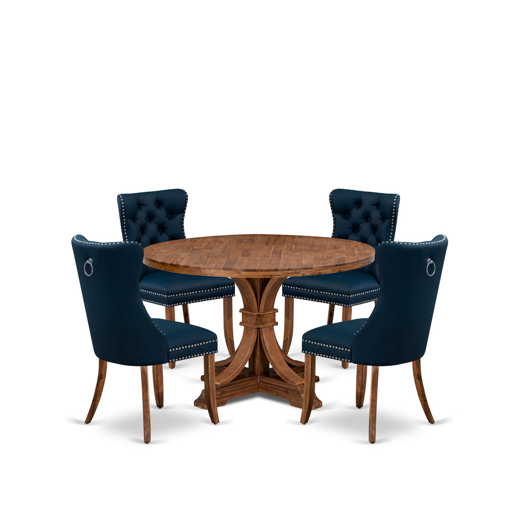 Luxe by East West Furniture I7DA5-40N-29 5-Piece Kitchen Table Set with Faux Leather 4 Navy Blue Dining chairs, Button-Tufted Backs, and a 48"Round Kitchen Table in Antique Walnut Finish.