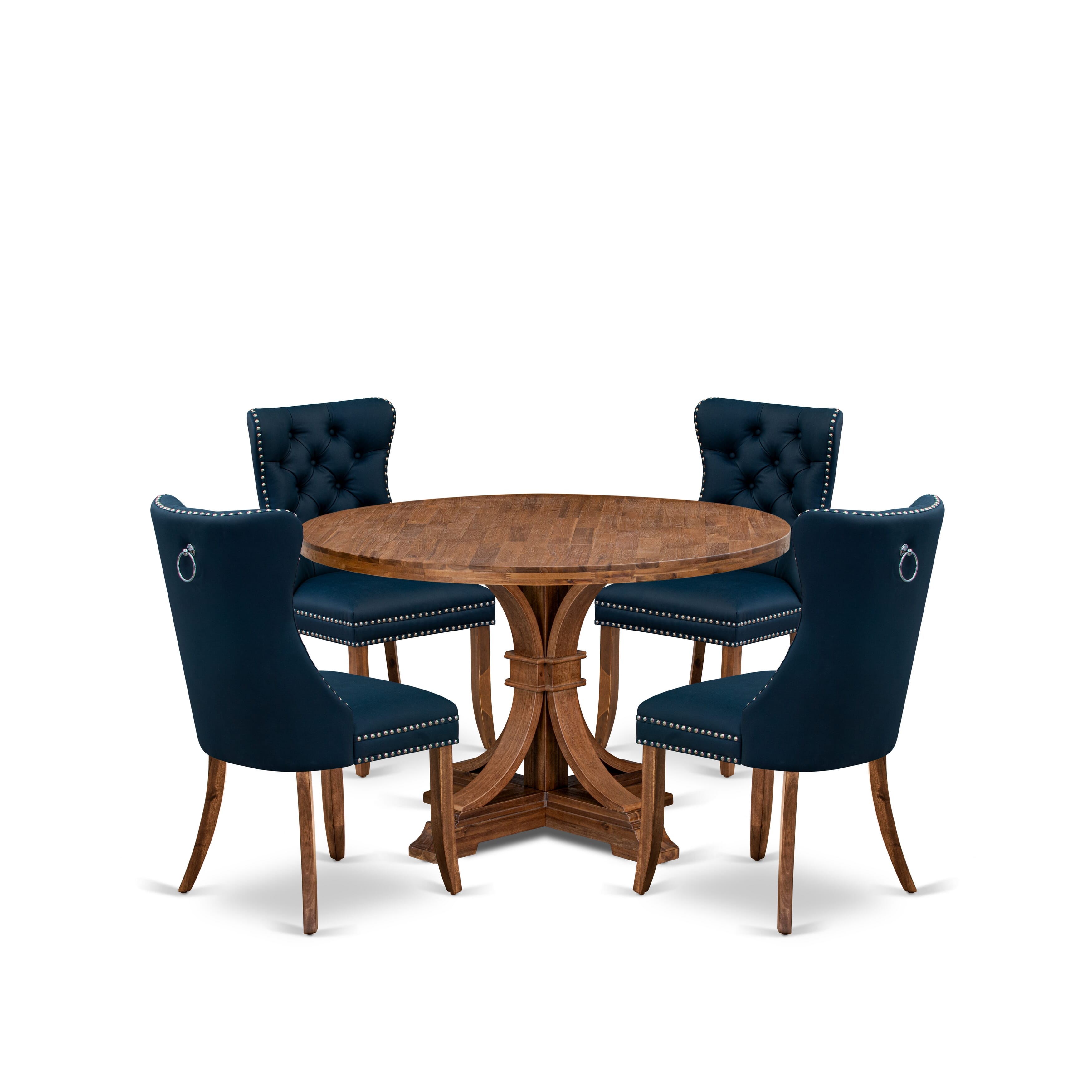 Luxe by East West Furniture I7DA5-40N-29 5-Piece Kitchen Table Set with Faux Leather 4 Navy Blue Dining chairs, Button-Tufted Backs, and a 48"Round Kitchen Table in Antique Walnut Finish.