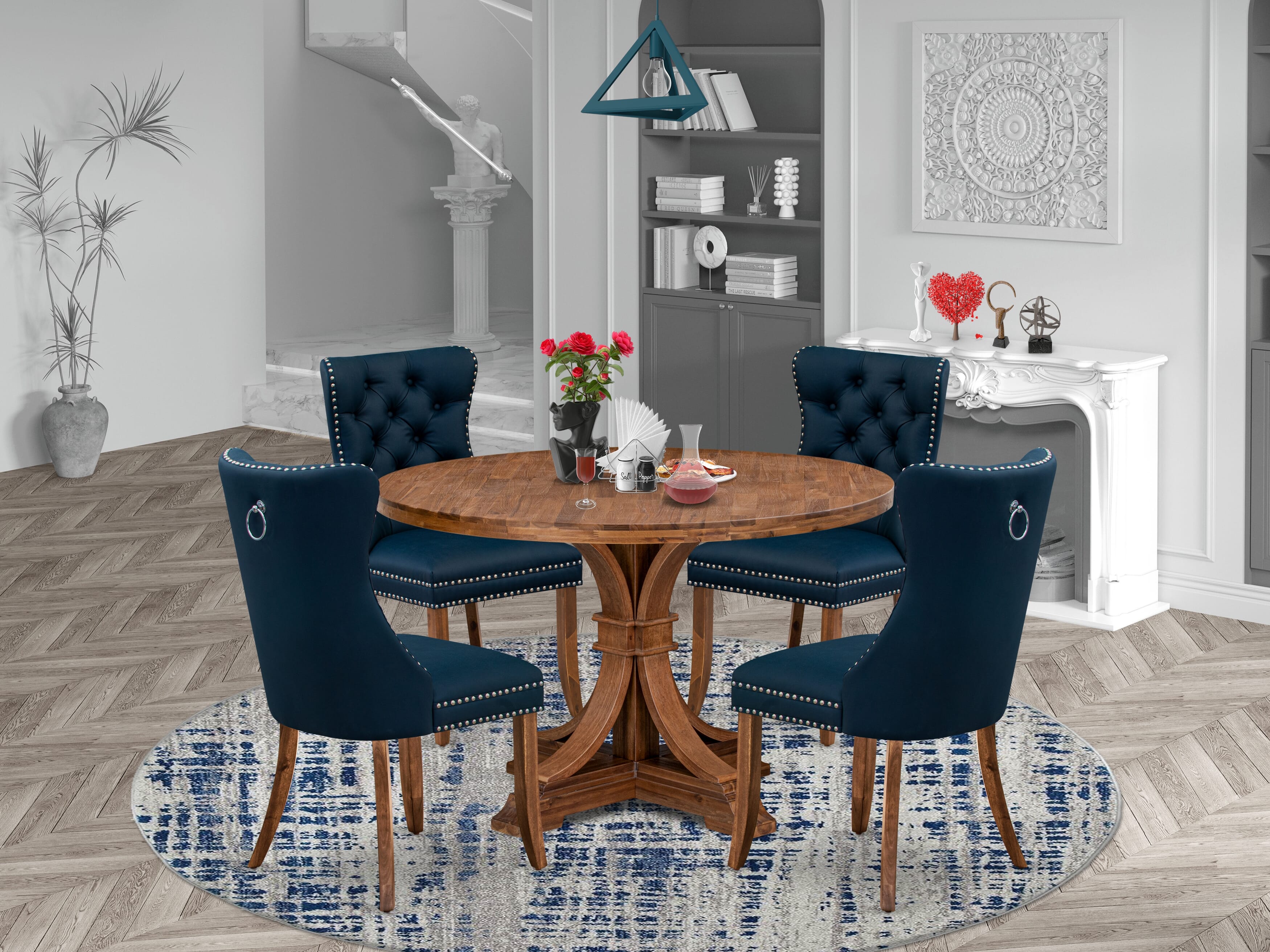 Luxe by East West Furniture I7DA5-40N-29 5-Piece Kitchen Table Set with Faux Leather 4 Navy Blue Dining chairs, Button-Tufted Backs, and a 48"Round Kitchen Table in Antique Walnut Finish.