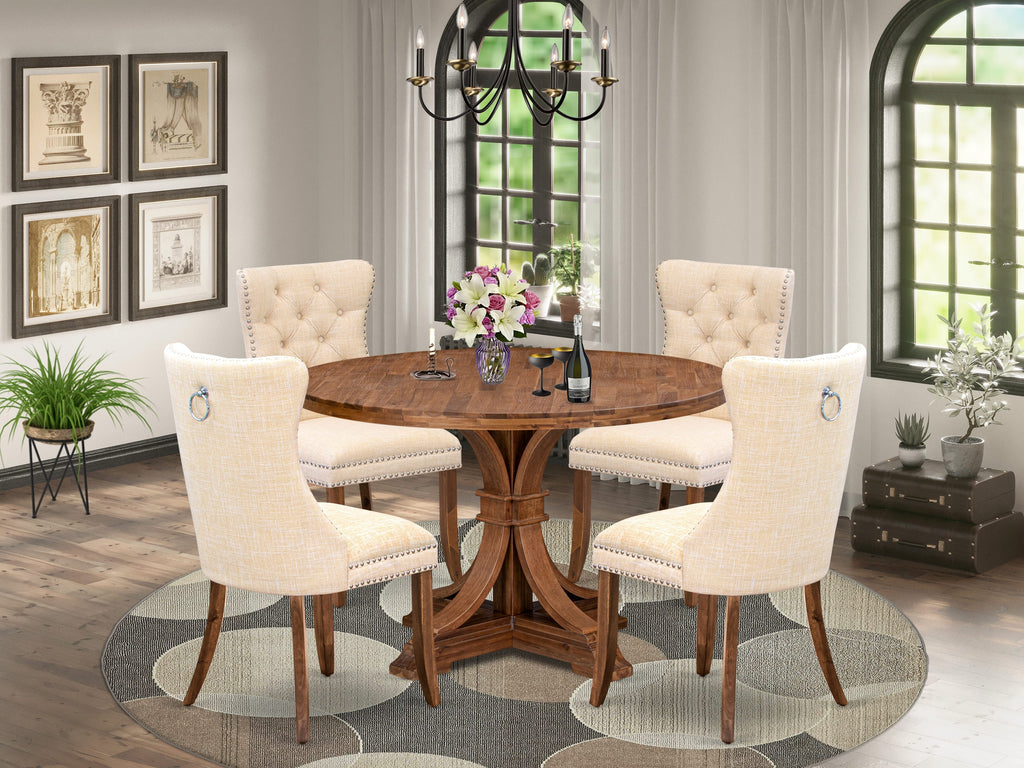 Luxe by East West Furniture I7DA5-40N-32 5-Piece Dining Room Set with Linen Fabric 4 Light Beige upholstered kitchen chairs, Button-Tufted Backs, and a 48"Round Table in Antique Walnut Finish.