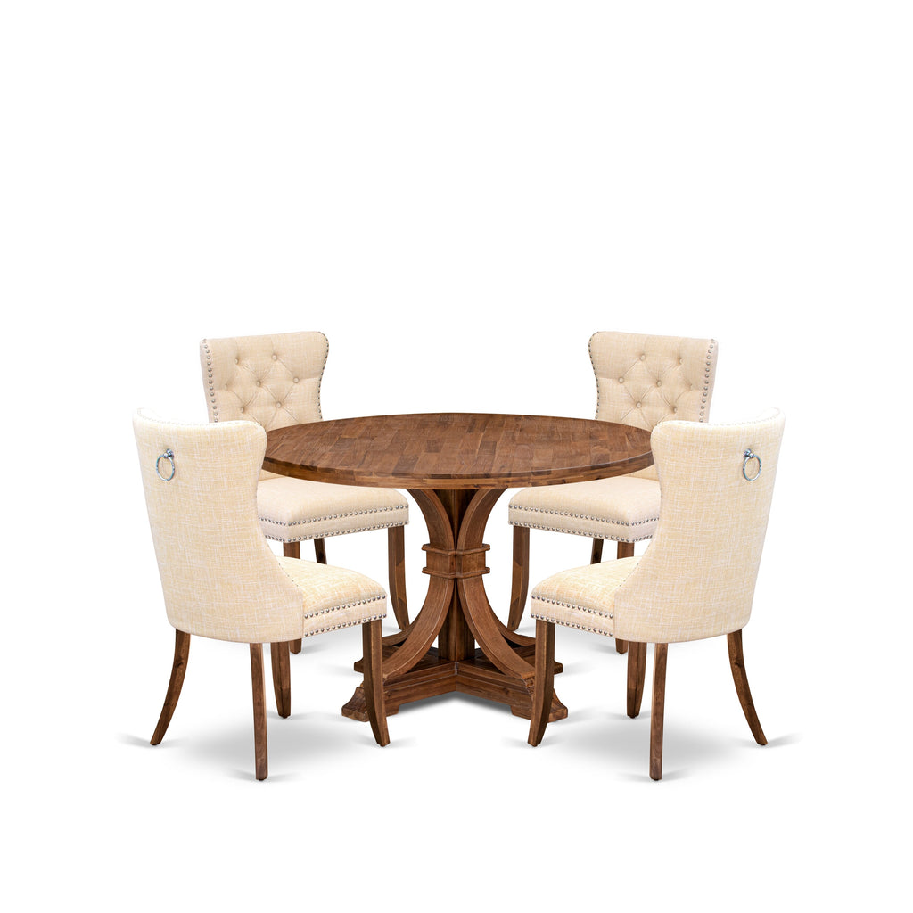 Luxe by East West Furniture I7DA5-40N-32 5-Piece Dining Room Set with Linen Fabric 4 Light Beige upholstered kitchen chairs, Button-Tufted Backs, and a 48"Round Table in Antique Walnut Finish.