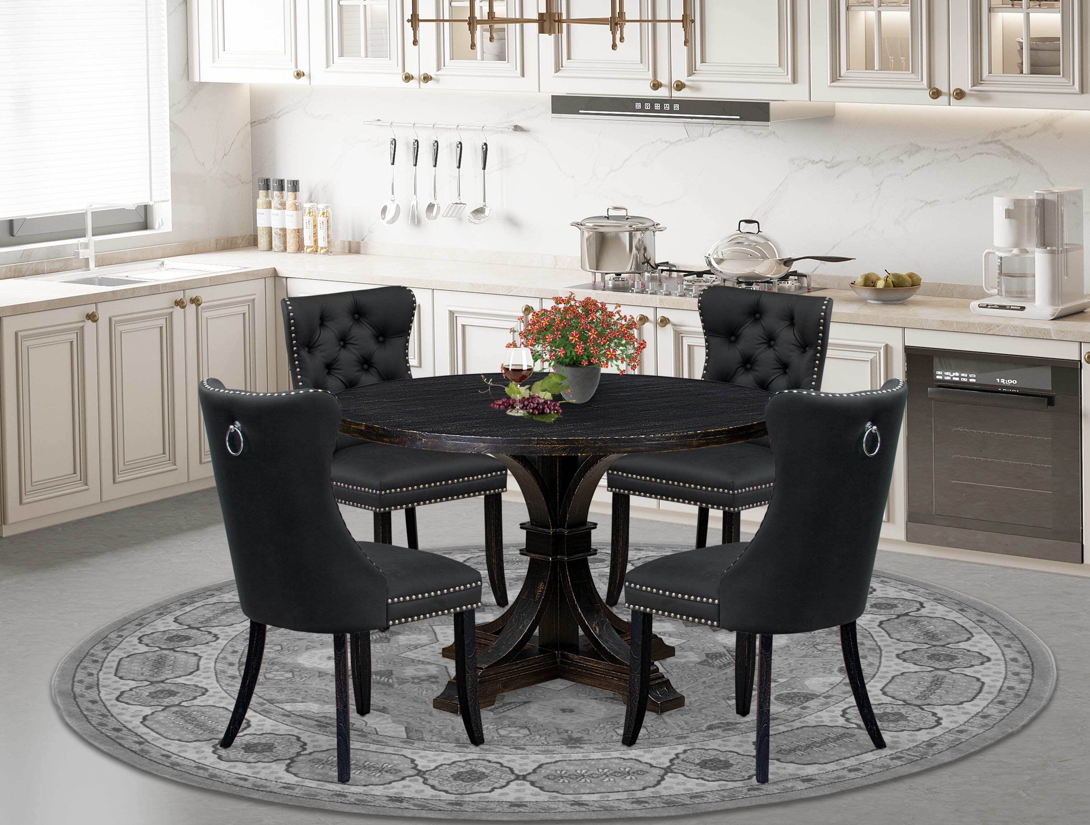 Luxe by East West Furniture I7DA5-411-12 5-Piece Kitchen Table Set with Faux Leather 4 Dark Gray dining chairs, Button-Tufted Backs, and a 48"Round Dinner Table in Sand Blasted Black Finish.