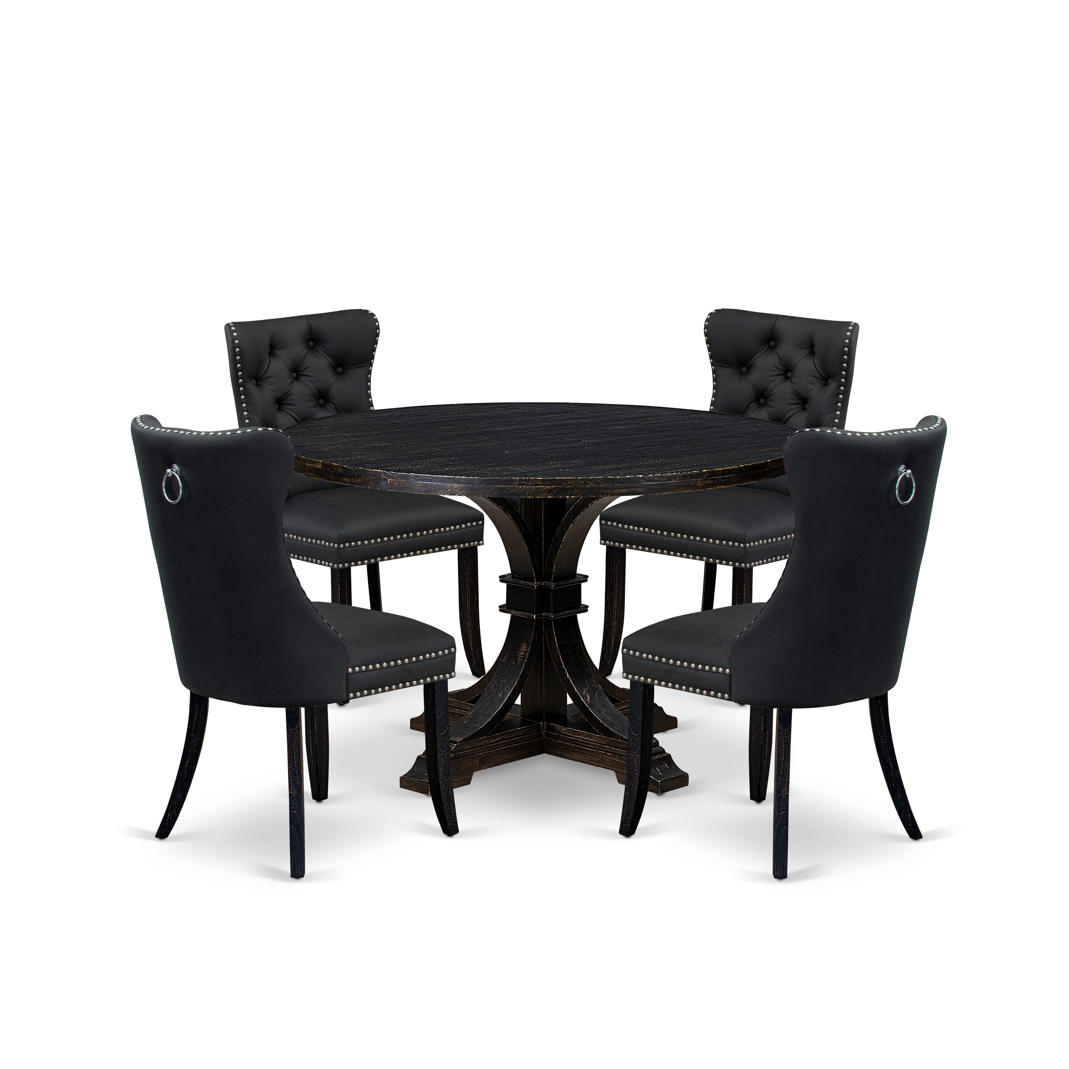 Luxe by East West Furniture I7DA5-411-12 5-Piece Kitchen Table Set with Faux Leather 4 Dark Gray dining chairs, Button-Tufted Backs, and a 48"Round Dinner Table in Sand Blasted Black Finish.