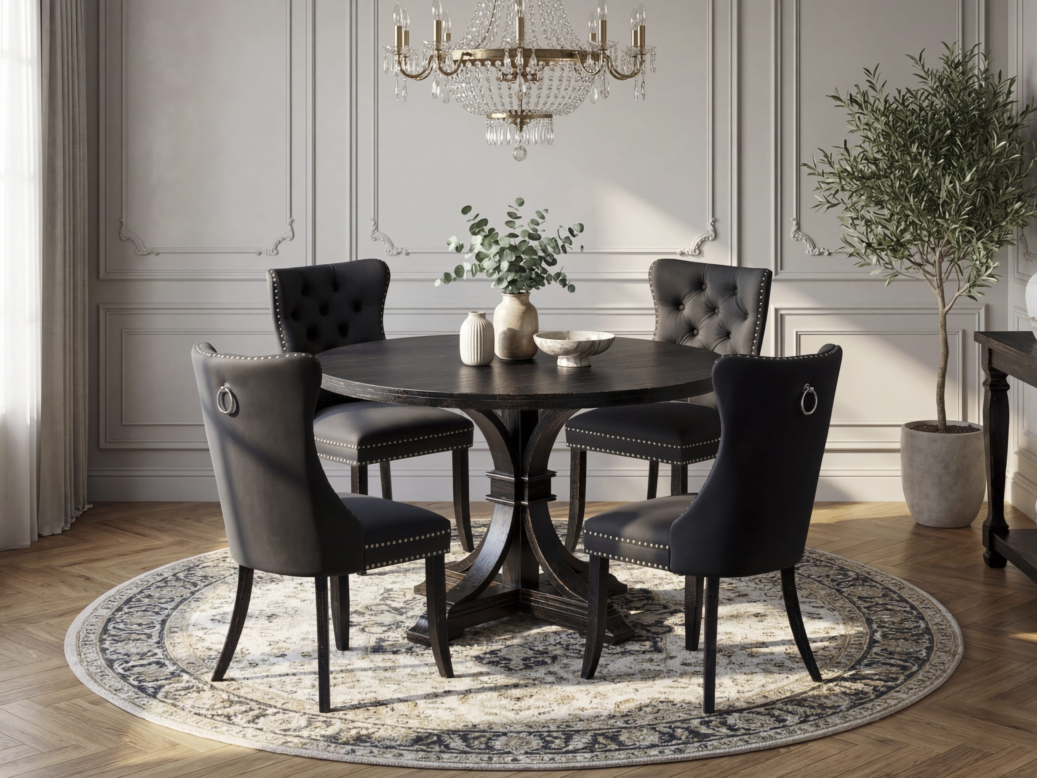 Luxe by East West Furniture I7DA5-411-12 5-Piece Kitchen Table Set with Faux Leather 4 Dark Gray dining chairs, Button-Tufted Backs, and a 48"Round Dinner Table in Sand Blasted Black Finish.