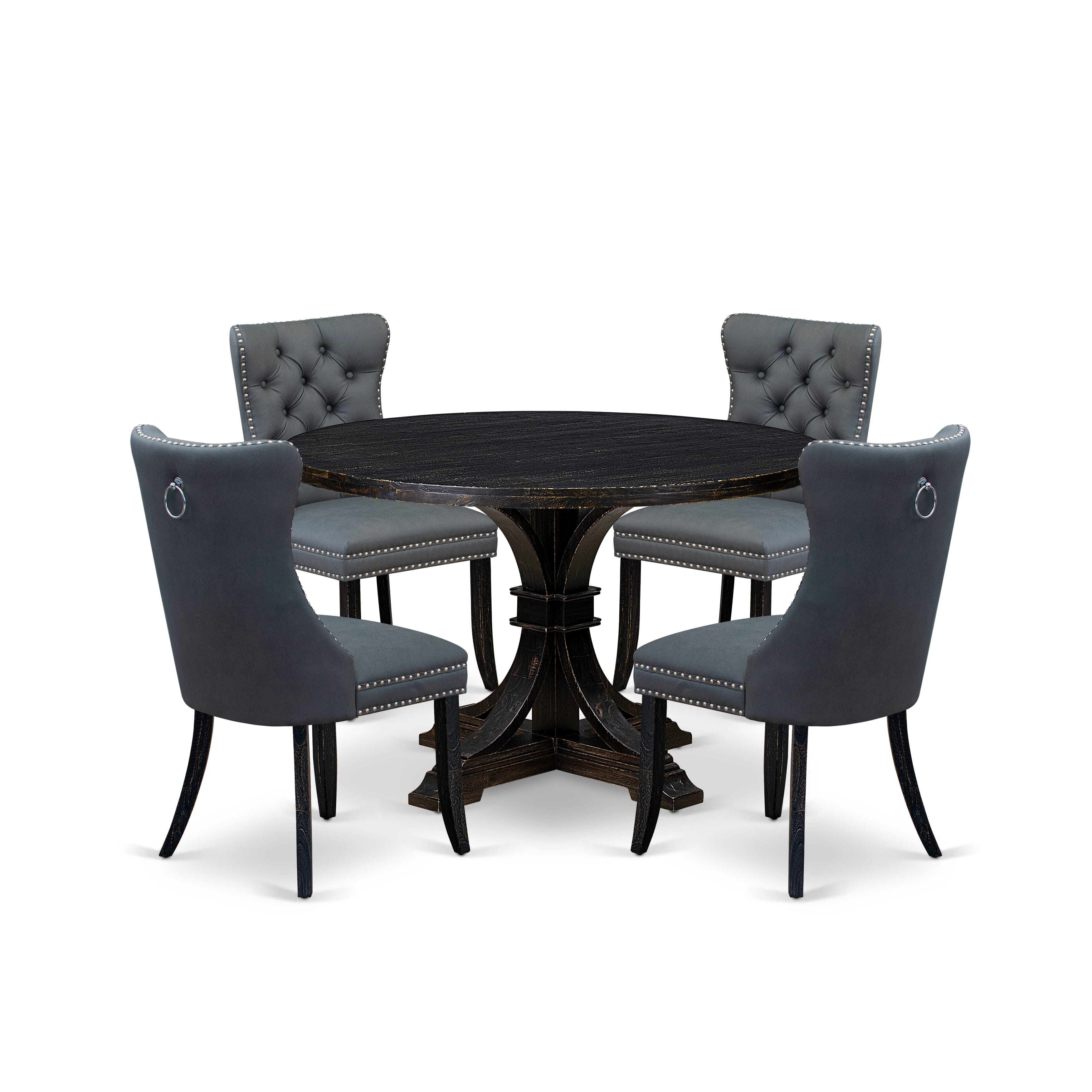 Luxe by East West Furniture I7DA5-411-13 5-piece Dining Set with Faux Leather 4 Platinum Gray upholstered chairs, Button-Tufted Backs, and a 48"Round Kitchen Table in Sand Blasted Black Finish.