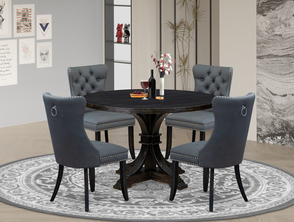 Luxe by East West Furniture I7DA5-411-13 5-piece Dining Set with Faux Leather 4 Platinum Gray upholstered chairs, Button-Tufted Backs, and a 48"Round Kitchen Table in Sand Blasted Black Finish.