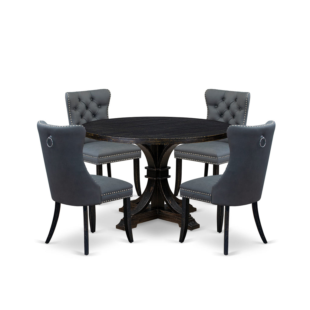 Luxe by East West Furniture I7DA5-411-13 5-piece Dining Set with Faux Leather 4 Platinum Gray upholstered chairs, Button-Tufted Backs, and a 48"Round Kitchen Table in Sand Blasted Black Finish.