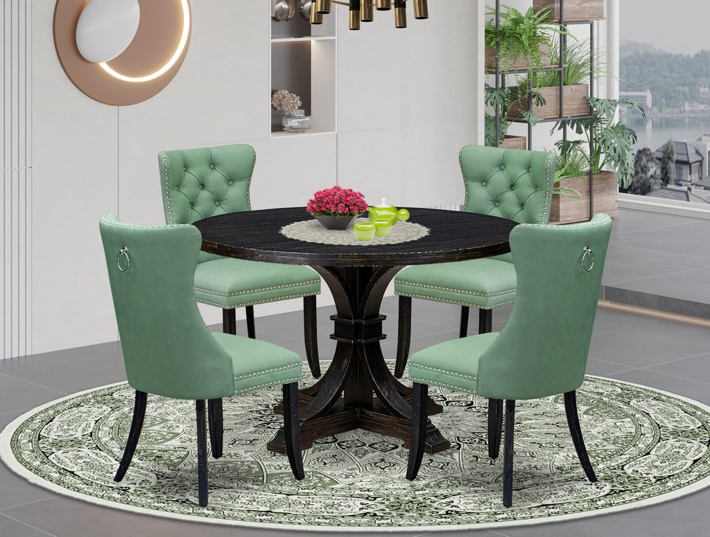 Luxe by East West Furniture I7DA5-411-22 5 Piece Dining Set Contains a 48" Round Table with Pedestal and 4 Willow Green Faux Leather Upholstered Chairs, Sand Blasted Black