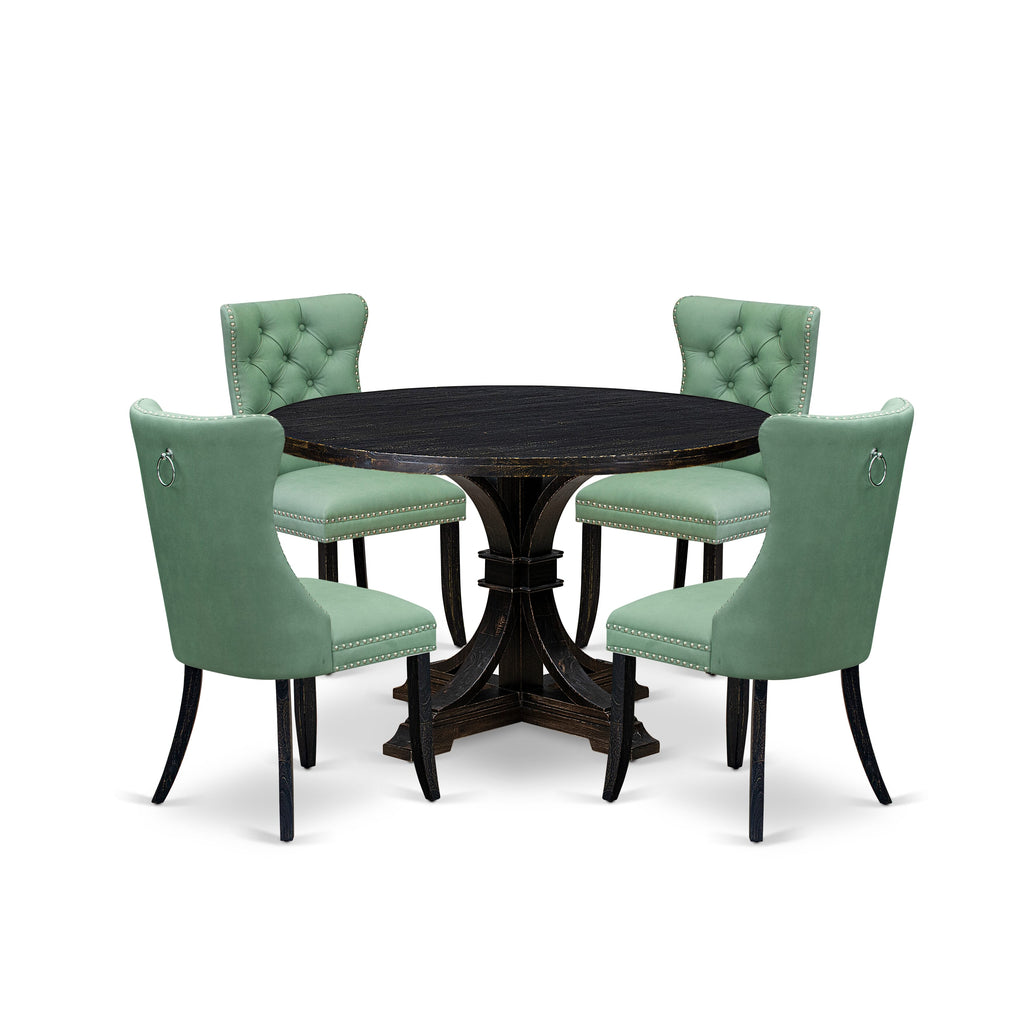 Luxe by East West Furniture I7DA5-411-22 5 Piece Dining Set Contains a 48" Round Table with Pedestal and 4 Willow Green Faux Leather Upholstered Chairs, Sand Blasted Black