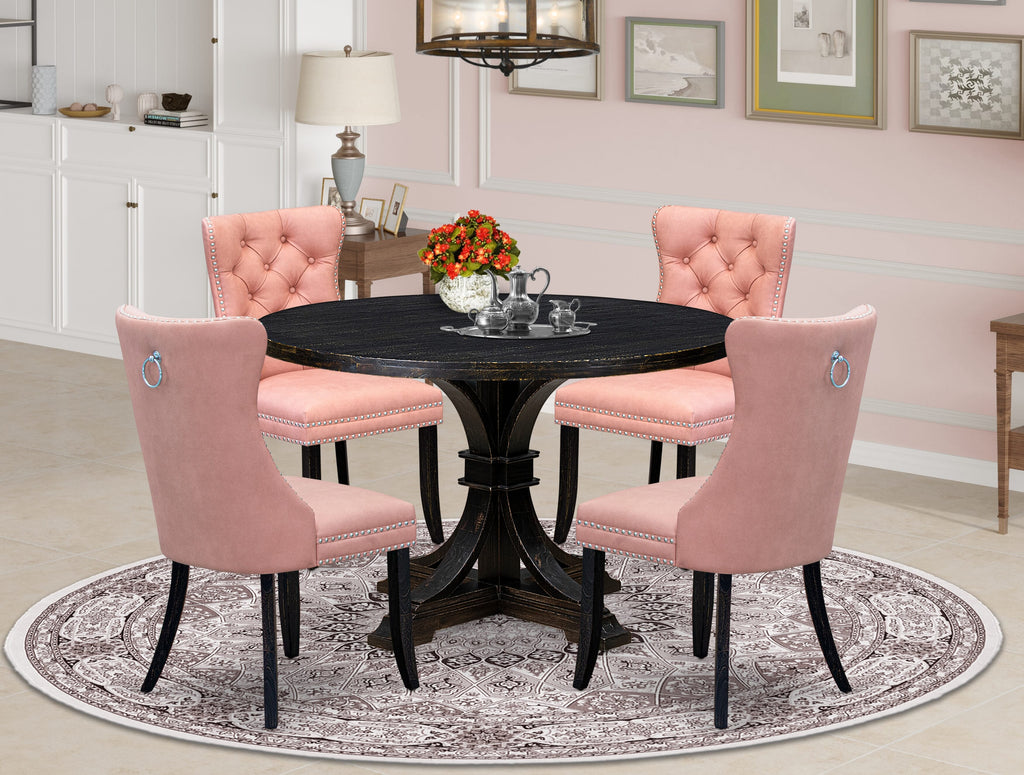 Luxe by East West Furniture I7DA5-411-23 5 Piece Dining Set for 4 Contains a 48" Round Table with Pedestal and 4 Beige Red Faux Leather Upholstered Chairs, Sand Blasted Black