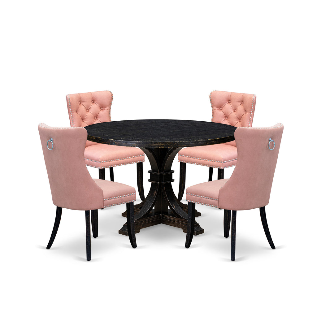 Luxe by East West Furniture I7DA5-411-23 5 Piece Dining Set for 4 Contains a 48" Round Table with Pedestal and 4 Beige Red Faux Leather Upholstered Chairs, Sand Blasted Black