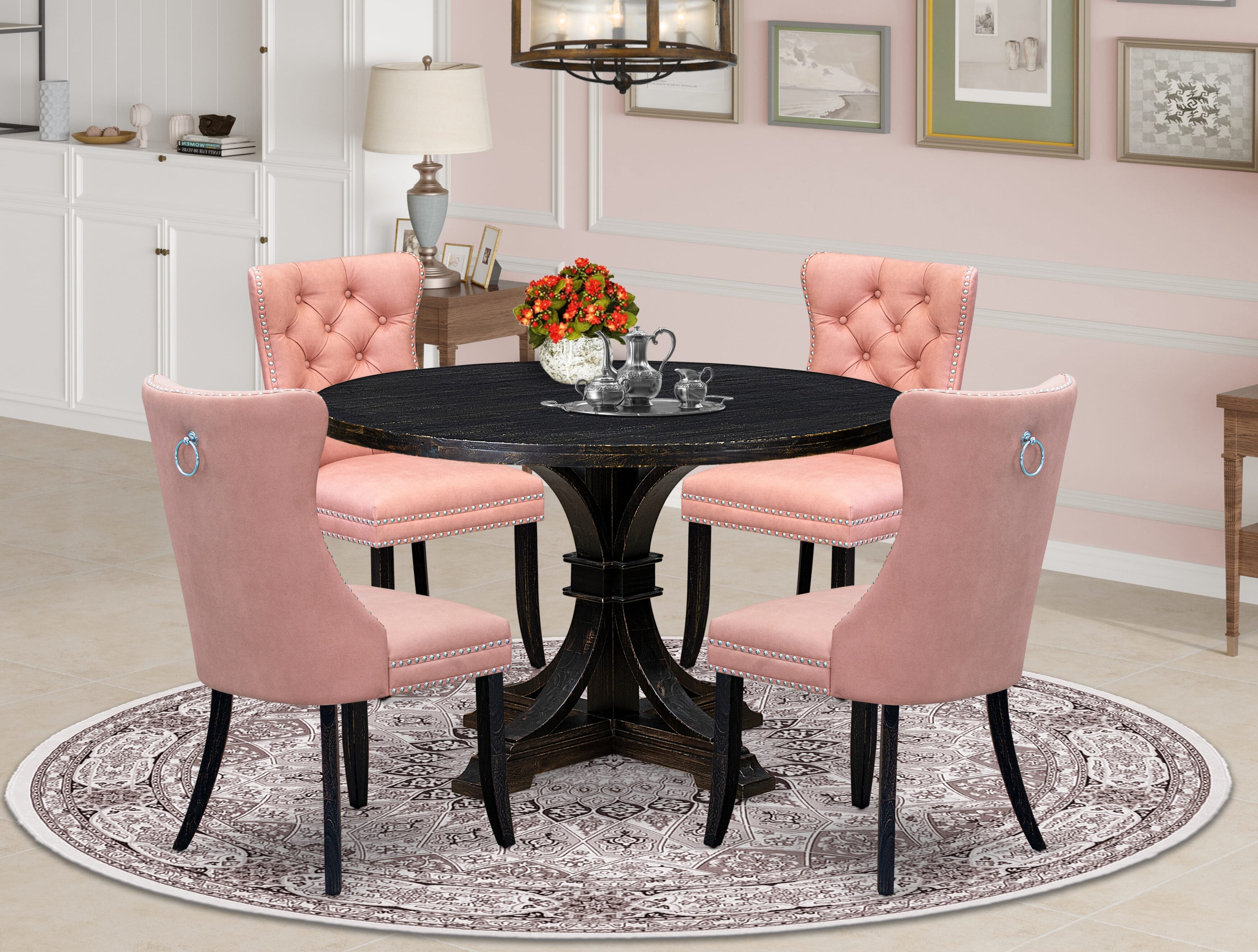 Luxe by East West Furniture I7DA5-411-23 5 Piece Dining Set for 4 Contains a 48" Round Table with Pedestal and 4 Beige Red Faux Leather Upholstered Chairs, Sand Blasted Black
