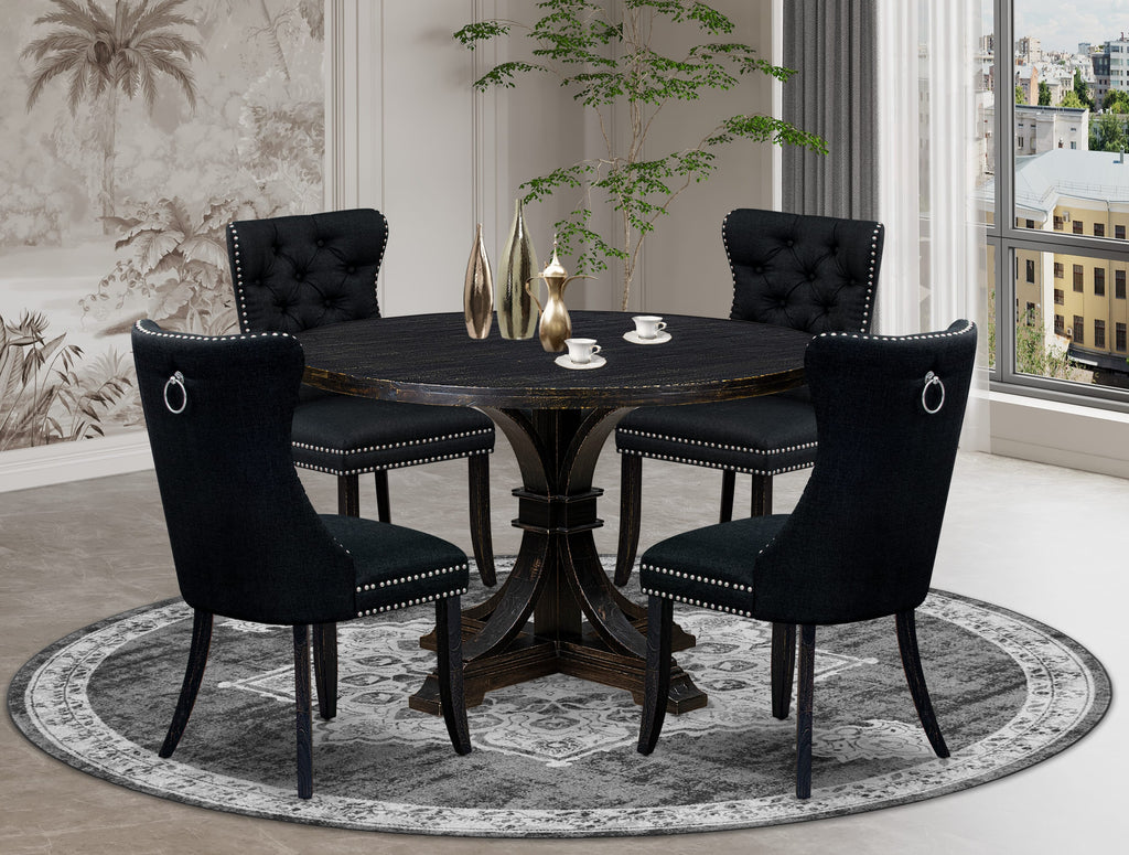 Luxe by East West Furniture I7DA5-411-24 5-pc Dining Room Set consists of a dinner table and 4 Black Linen Fabric kitchen chair with Button Tufted Back - Sand Blasted Black