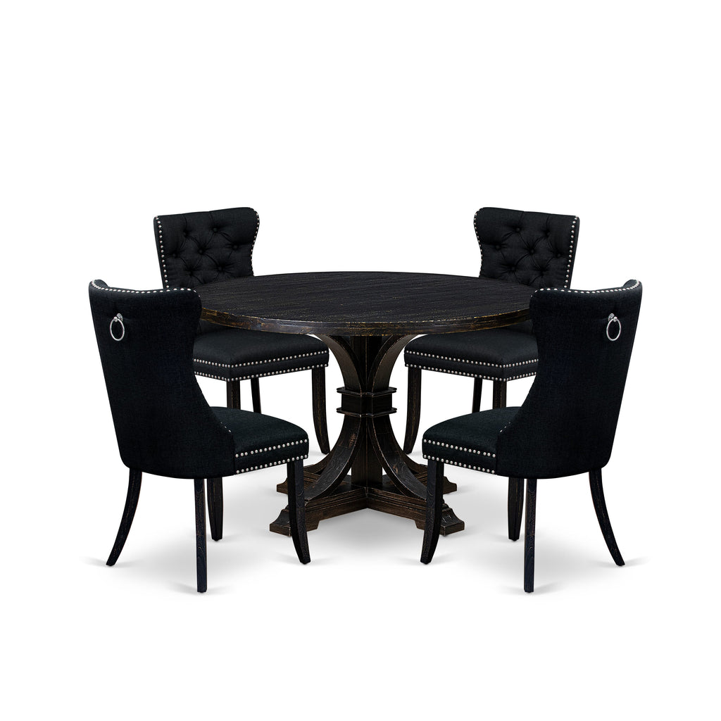 Luxe by East West Furniture I7DA5-411-24 5-pc Dining Room Set consists of a dinner table and 4 Black Linen Fabric kitchen chair with Button Tufted Back - Sand Blasted Black