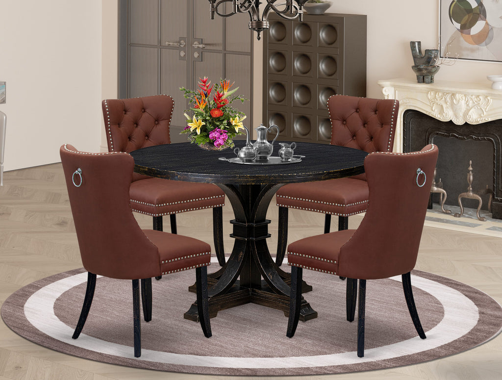 Luxe by East West Furniture I7DA5-411-26 5 Piece Dining Table Set Contains a 48" Round Table with Pedestal and 4 Burgandy Faux Leather Upholstered Chairs, Sand Blasted Black