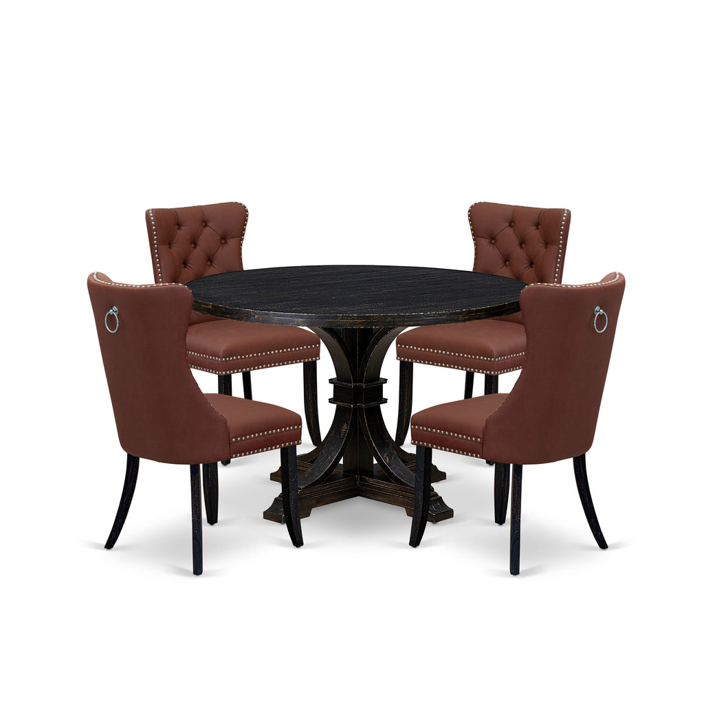 Luxe by East West Furniture I7DA5-411-26 5 Piece Dining Table Set Contains a 48" Round Table with Pedestal and 4 Burgandy Faux Leather Upholstered Chairs, Sand Blasted Black