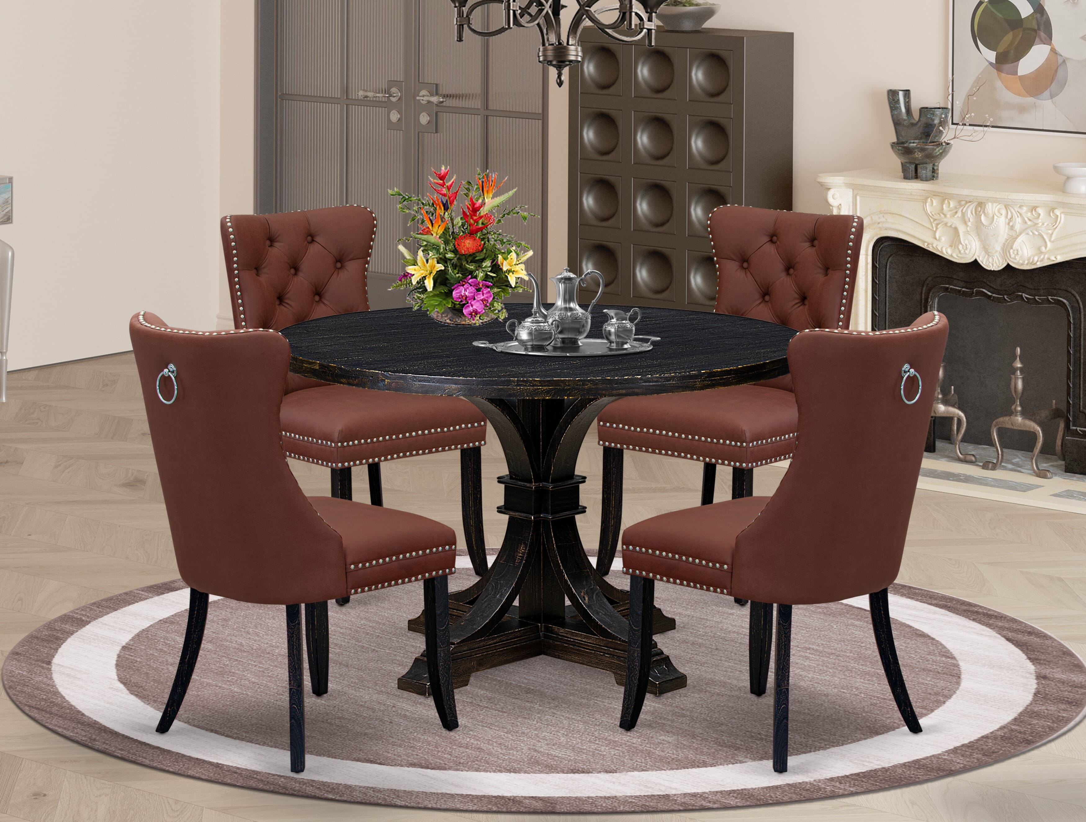 Luxe by East West Furniture I7DA5-411-26 5 Piece Dining Table Set Contains a 48" Round Table with Pedestal and 4 Burgandy Faux Leather Upholstered Chairs, Sand Blasted Black