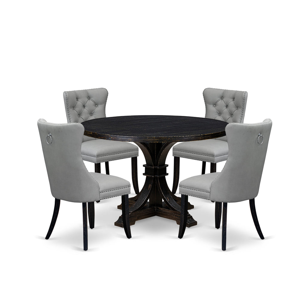 Luxe by East West Furniture I7DA5-411-27 5 Piece Dining Table Set Contains a 48" Round Table with Pedestal and 4 Light Gray Faux Leather Parson Chairs, Sand Blasted Black