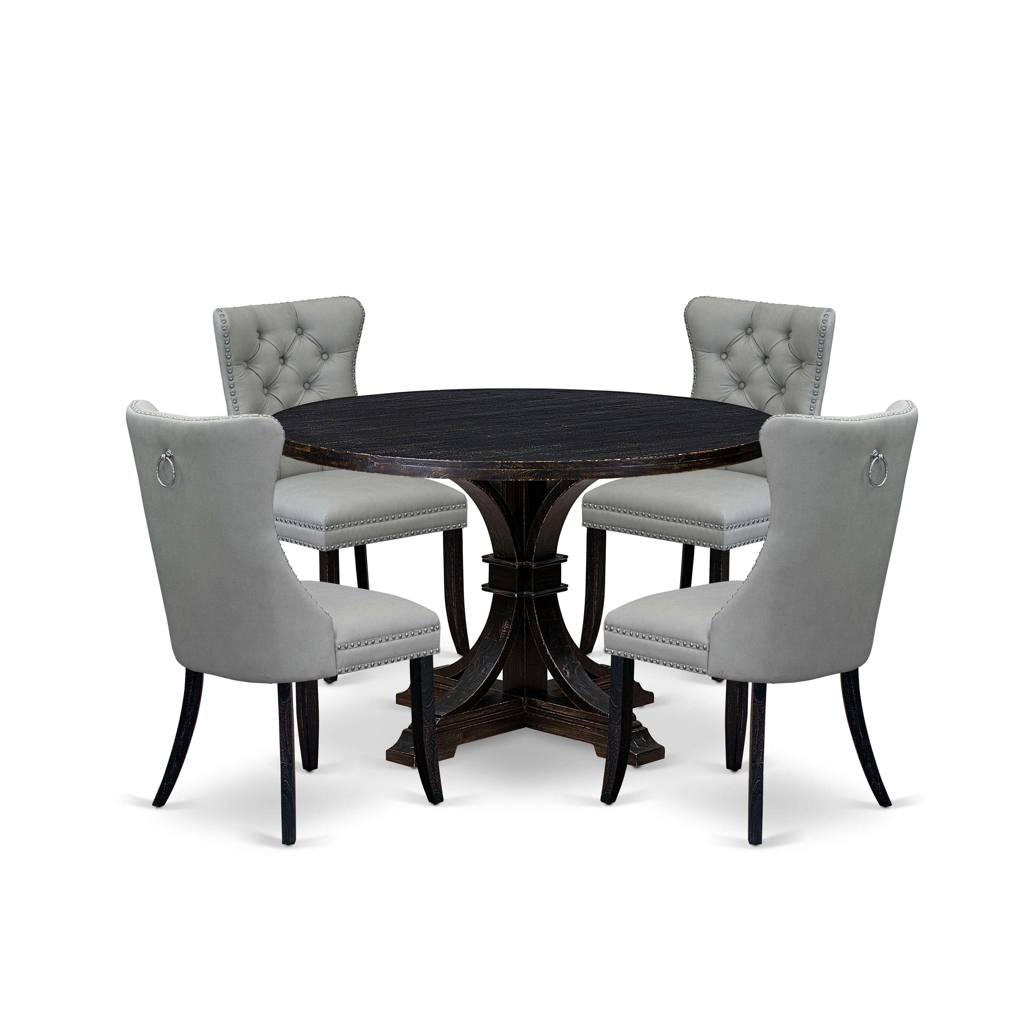 Luxe by East West Furniture I7DA5-411-27 5 Piece Dining Table Set Contains a 48" Round Table with Pedestal and 4 Light Gray Faux Leather Parson Chairs, Sand Blasted Black