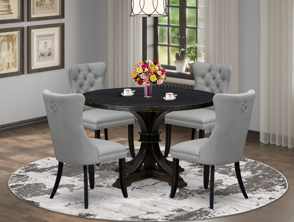 Luxe by East West Furniture I7DA5-411-27 5 Piece Dining Table Set Contains a 48" Round Table with Pedestal and 4 Light Gray Faux Leather Parson Chairs, Sand Blasted Black