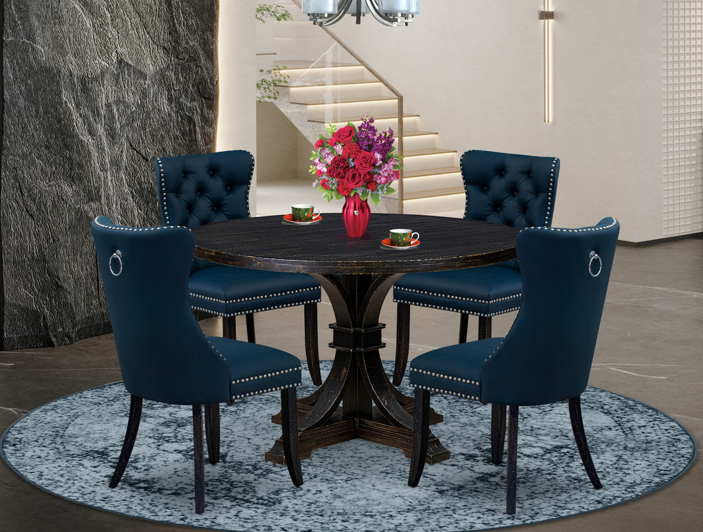 Luxe by East West Furniture I7DA5-411-29 5 Piece Dining Table Set Contains a 48" Round Table with Pedestal and 4 Navy Blue Faux Leather Upholstered Chairs, Sand Blasted Black