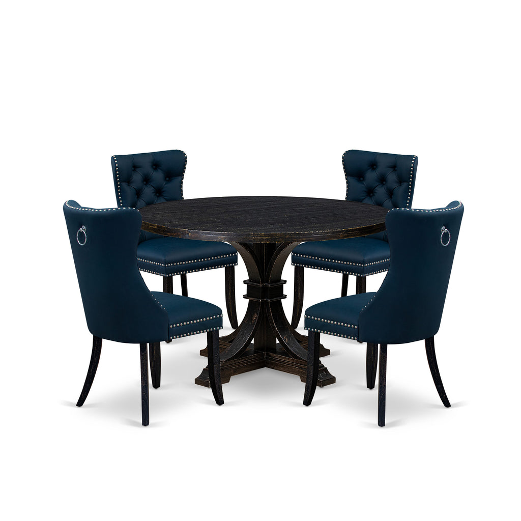 Luxe by East West Furniture I7DA5-411-29 5 Piece Dining Table Set Contains a 48" Round Table with Pedestal and 4 Navy Blue Faux Leather Upholstered Chairs, Sand Blasted Black