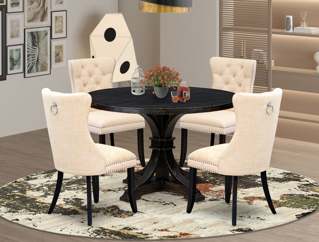 Luxe by East West Furniture I7DA5-411-32 5-pc Dining Table Set included a dining table and 4 Light Beige Linen Fabric dinner chairs with Button Tufted Back -Sand Blasted Black