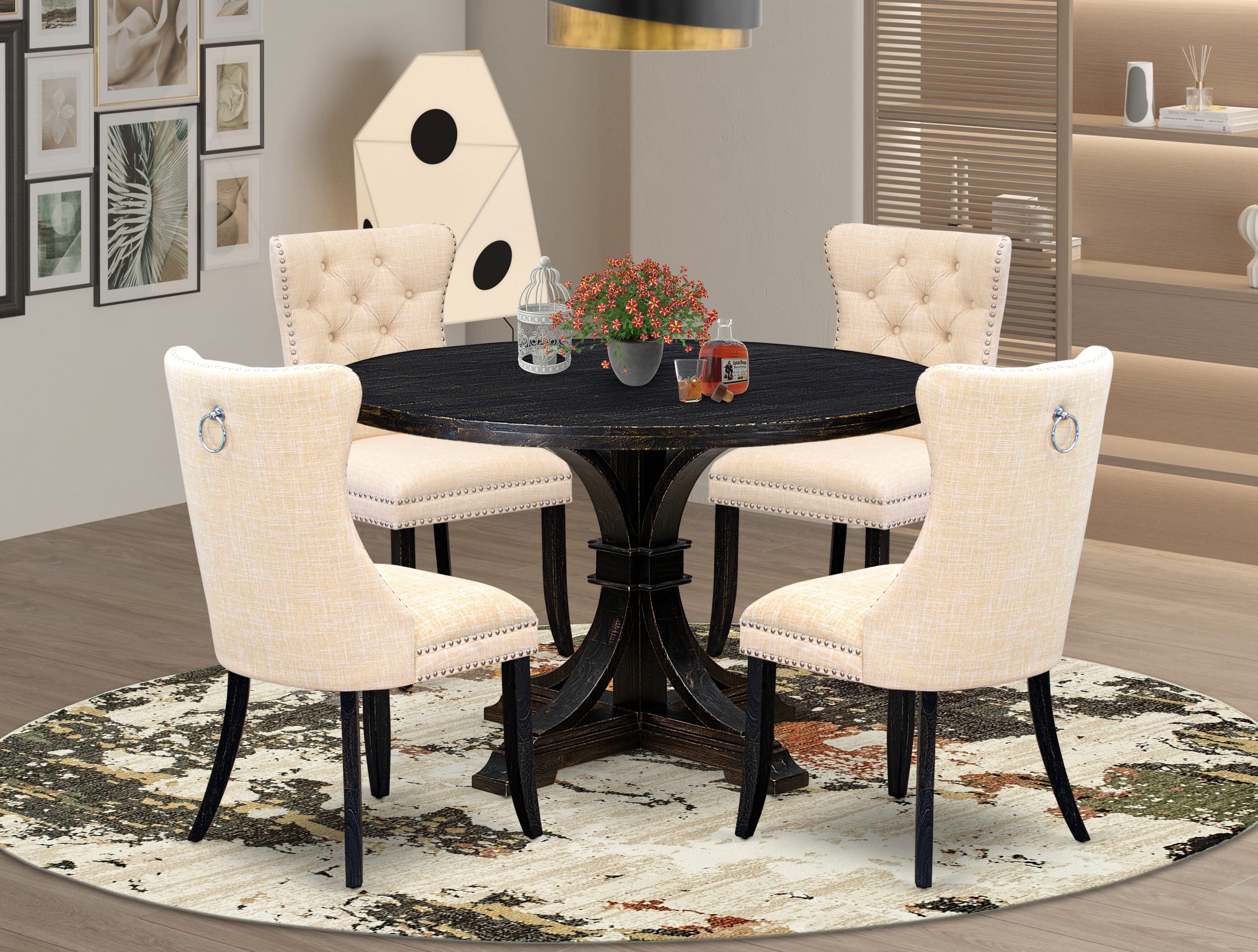 Luxe by East West Furniture I7DA5-411-32 5-pc Dining Table Set included a dining table and 4 Light Beige Linen Fabric dinner chairs with Button Tufted Back -Sand Blasted Black