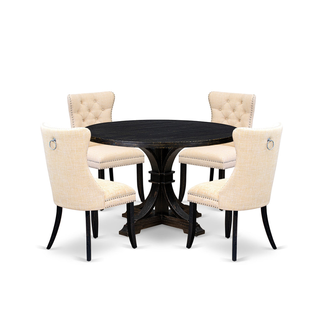 Luxe by East West Furniture I7DA5-411-32 5-pc Dining Table Set included a dining table and 4 Light Beige Linen Fabric dinner chairs with Button Tufted Back -Sand Blasted Black
