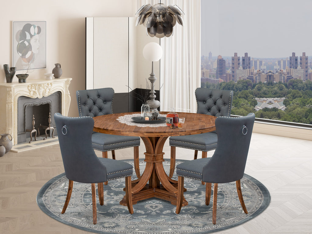 Luxe by East West Furniture I7DA5-50N-13 5-piece Mid-century Dining table set included a Kitchen Table and 4 Platinum Gray Faux Leather Dinner Chairs with Button Tufted Back - Antique Walnut Finish
