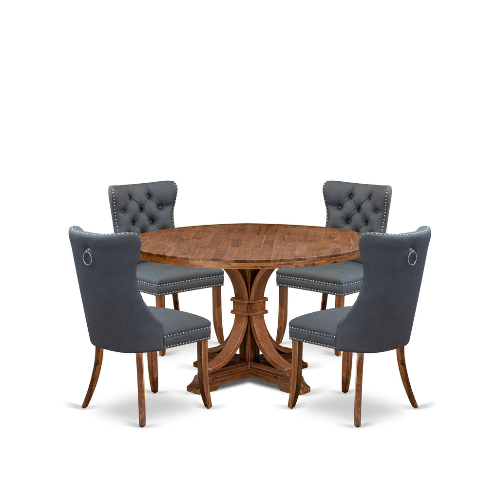 Luxe by East West Furniture I7DA5-50N-13 5-piece Mid-century Dining table set included a Kitchen Table and 4 Platinum Gray Faux Leather Dinner Chairs with Button Tufted Back - Antique Walnut Finish