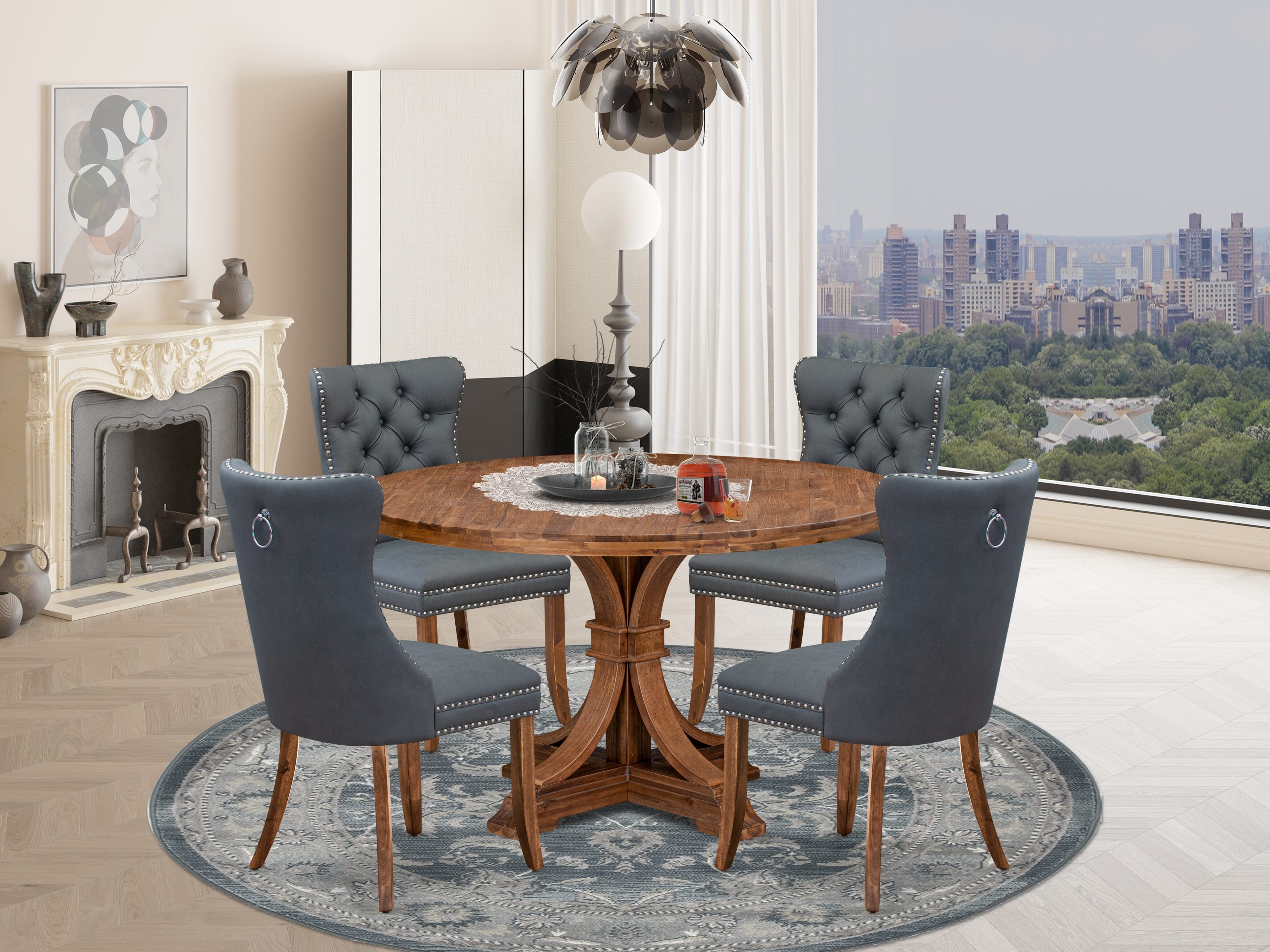 Luxe by East West Furniture I7DA5-50N-13 5-piece Mid-century Dining table set included a Kitchen Table and 4 Platinum Gray Faux Leather Dinner Chairs with Button Tufted Back - Antique Walnut Finish