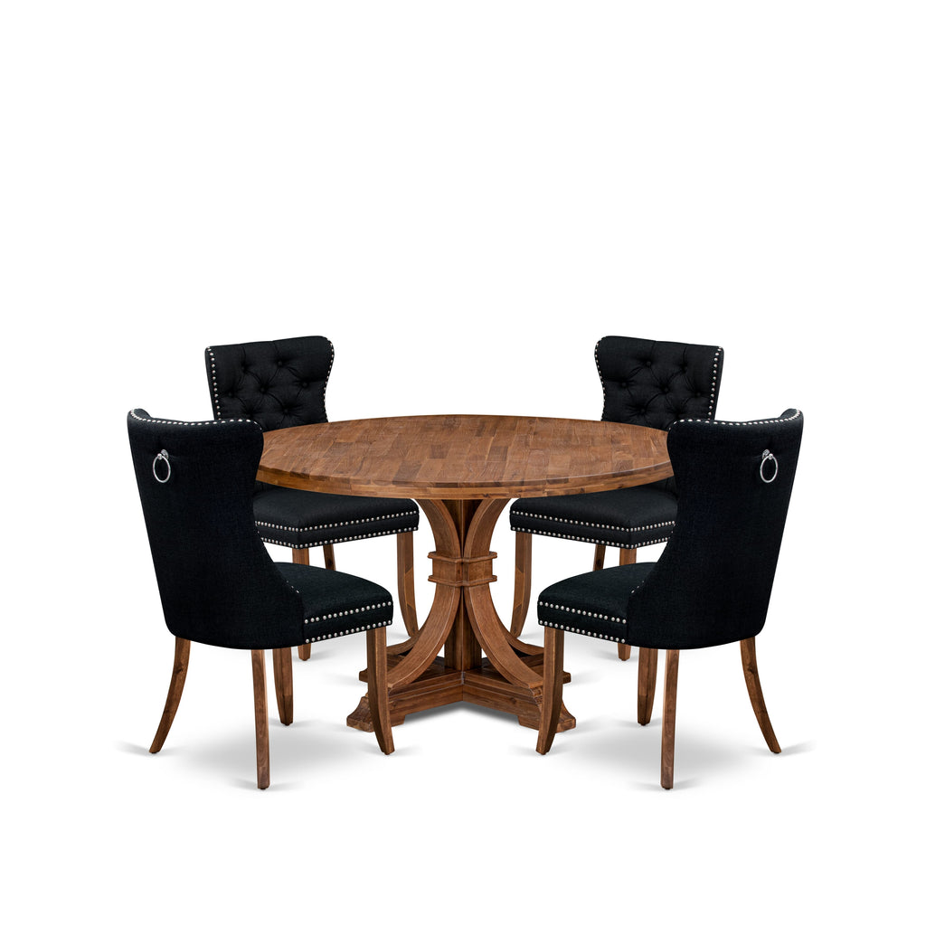 Luxe by East West Furniture I7DA5-50N-24 5-Piece Kitchen Table Set with Linen Fabric 4 Black dining chairs, Button-Tufted Backs, and a 54"Round Dinner Table in Antique Walnut Finish.