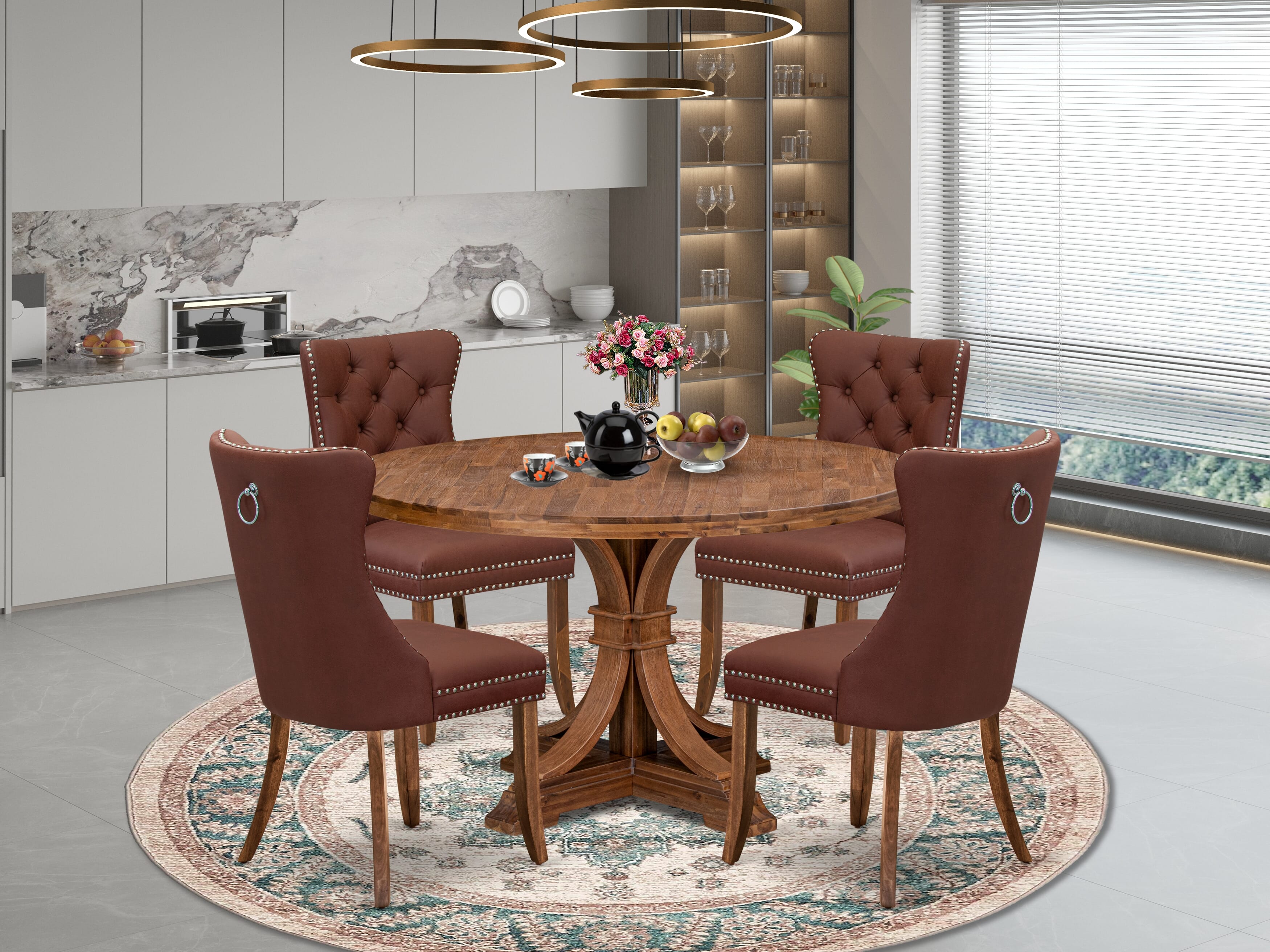 Luxe by East West Furniture I7DA5-50N-26 5-Pc Dining Room Set Consist a Kitchen Table and 4 Burgundy Faux Leather Upholstered Chairs with Button-Tufted Back, Antique Walnut