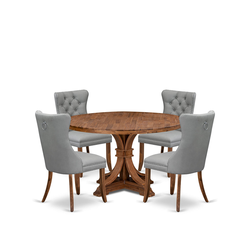Luxe by East West Furniture I7DA5-50N-27 5-Pc Mid Century Dining Set Consist a Kitchen Table and 4 Light Gray Faux Leather Chairs with Button-Tufted Back, Antique Walnut