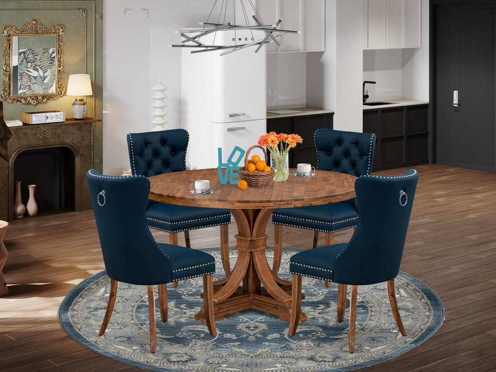 Luxe by East West Furniture I7DA5-50N-29 5-Piece Dining Set with Faux Leather 4 Navy Blue Dining chairs, Button-Tufted Backs, and a 54"Round Kitchen Table in Antique Walnut Finish.