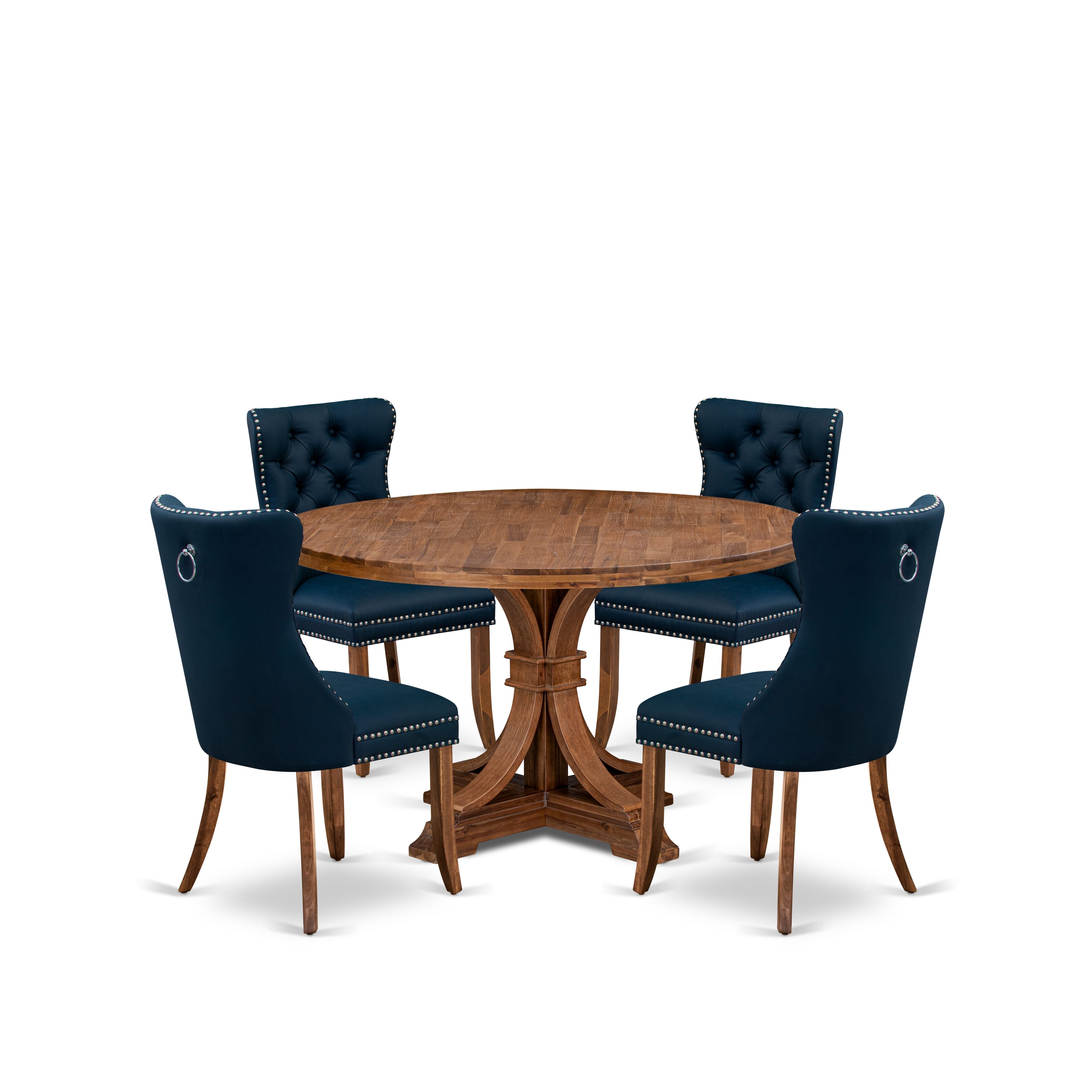 Luxe by East West Furniture I7DA5-50N-29 5-Piece Dining Set with Faux Leather 4 Navy Blue Dining chairs, Button-Tufted Backs, and a 54"Round Kitchen Table in Antique Walnut Finish.