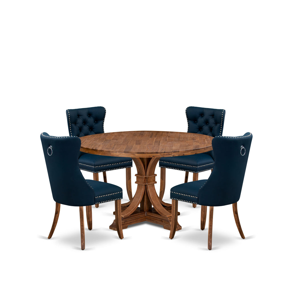 Luxe by East West Furniture I7DA5-50N-29 5-Piece Dining Set with Faux Leather 4 Navy Blue Dining chairs, Button-Tufted Backs, and a 54"Round Kitchen Table in Antique Walnut Finish.