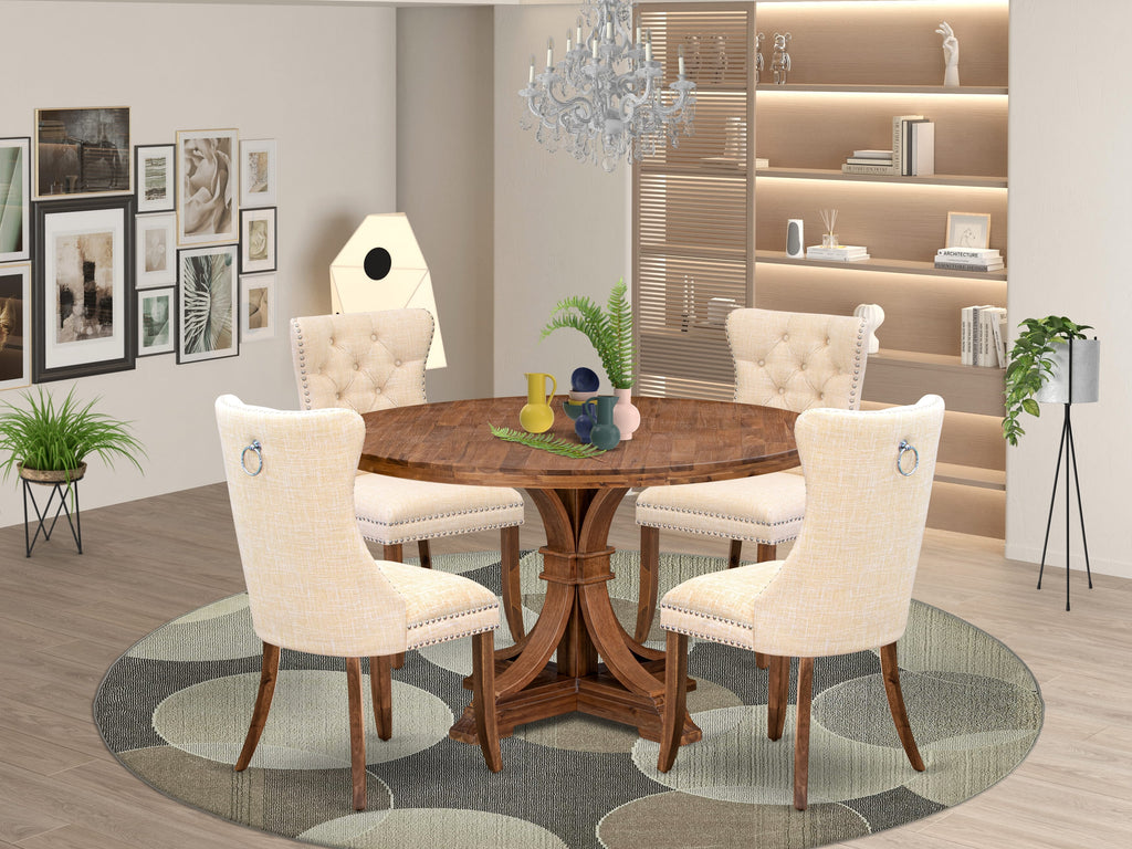 Luxe by East West Furniture I7DA5-50N-32 5-Piece Wooden Dining Set with Linen Fabric 4 Light Beige Dining room chairs, Button-Tufted Backs, and a 54"Round Table in Antique Walnut Finish.