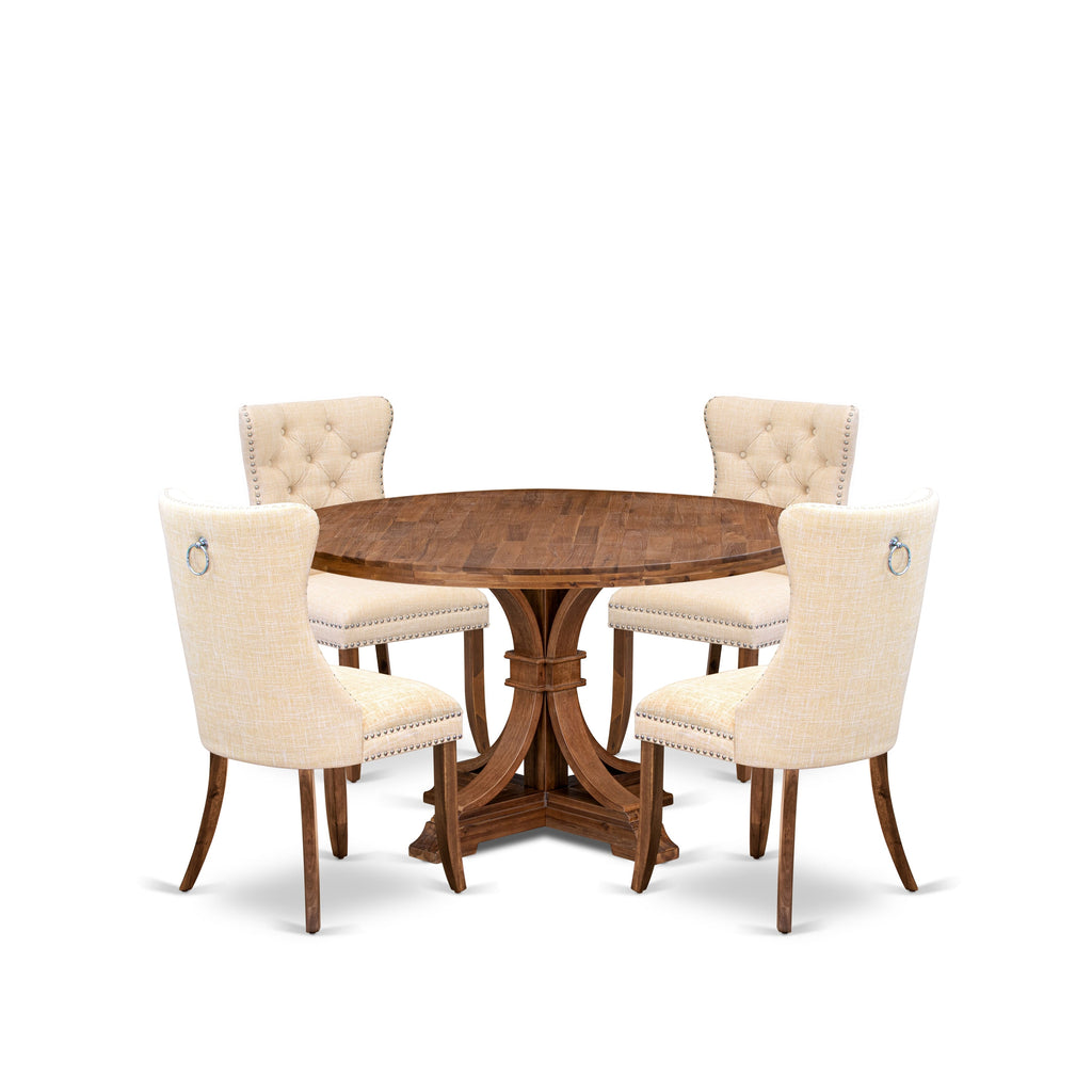 Luxe by East West Furniture I7DA5-50N-32 5-Piece Wooden Dining Set with Linen Fabric 4 Light Beige Dining room chairs, Button-Tufted Backs, and a 54"Round Table in Antique Walnut Finish.
