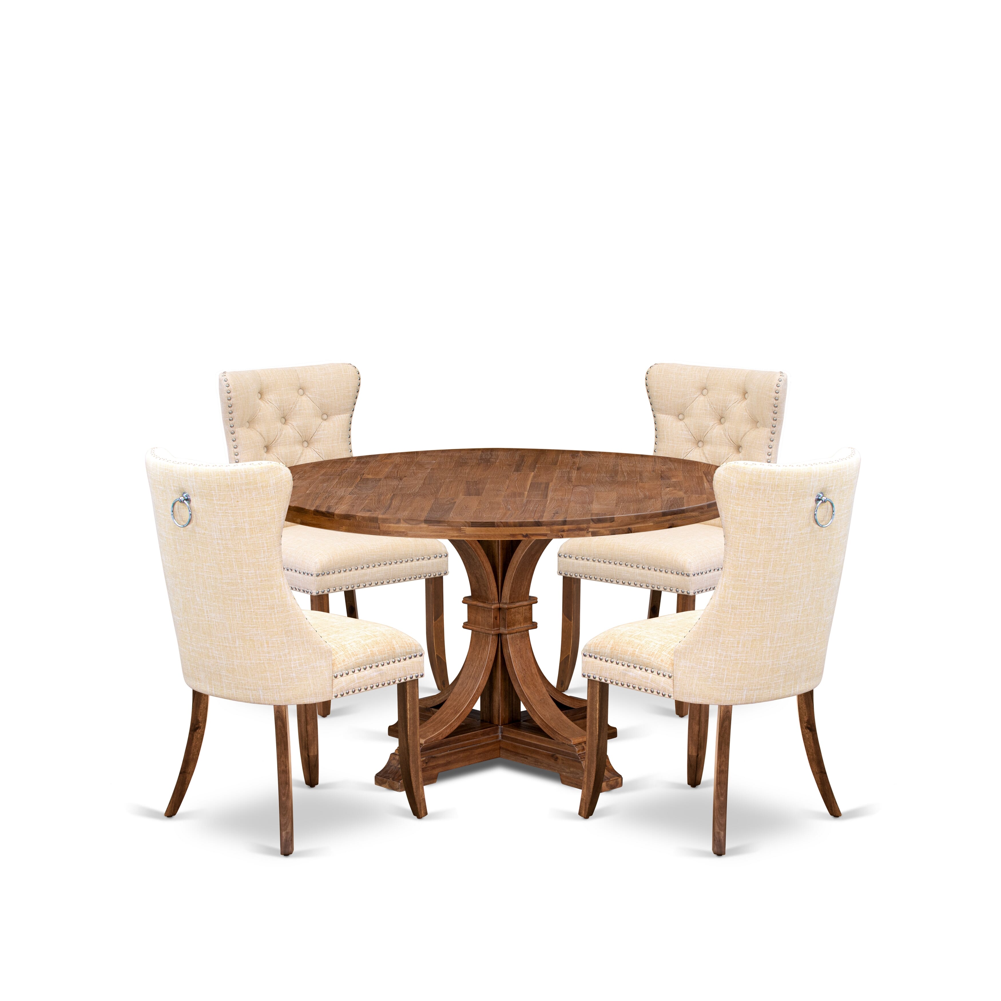 Luxe by East West Furniture I7DA5-50N-32 5-Piece Wooden Dining Set with Linen Fabric 4 Light Beige Dining room chairs, Button-Tufted Backs, and a 54"Round Table in Antique Walnut Finish.