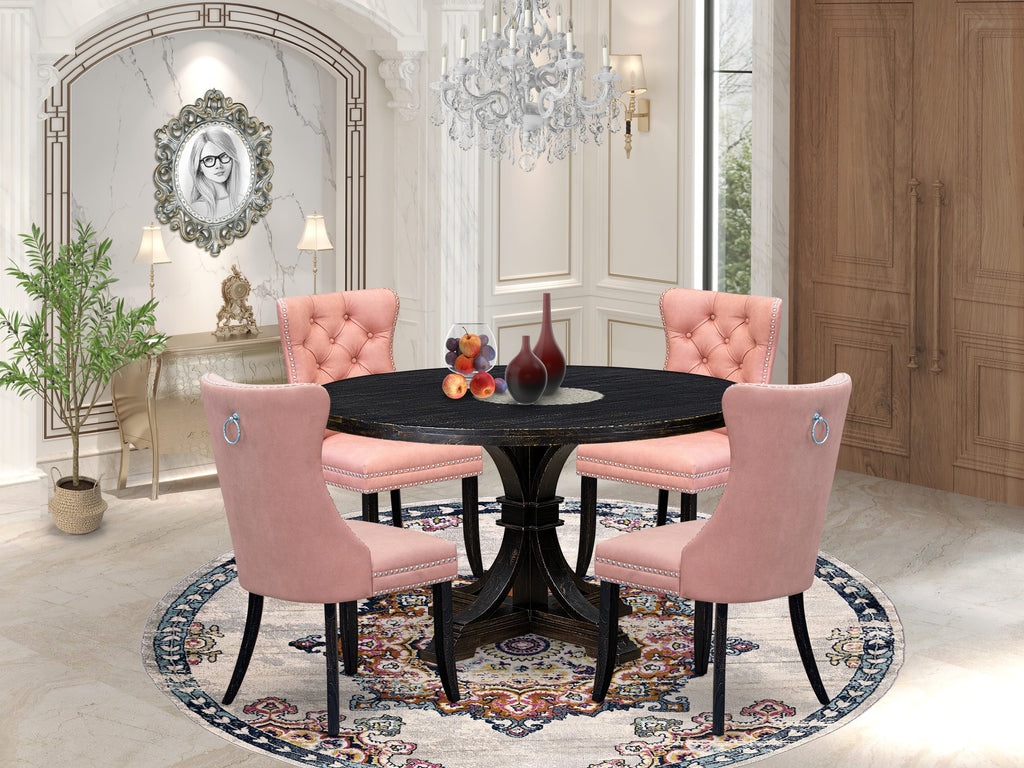 Luxe by East West Furniture I7DA5-511-23 5 Piece Dining Set for 4 Consists of a 54" Round Table with Pedestal and 4 Beige Red Faux Leather Padded Chairs, Sand Blasted Black