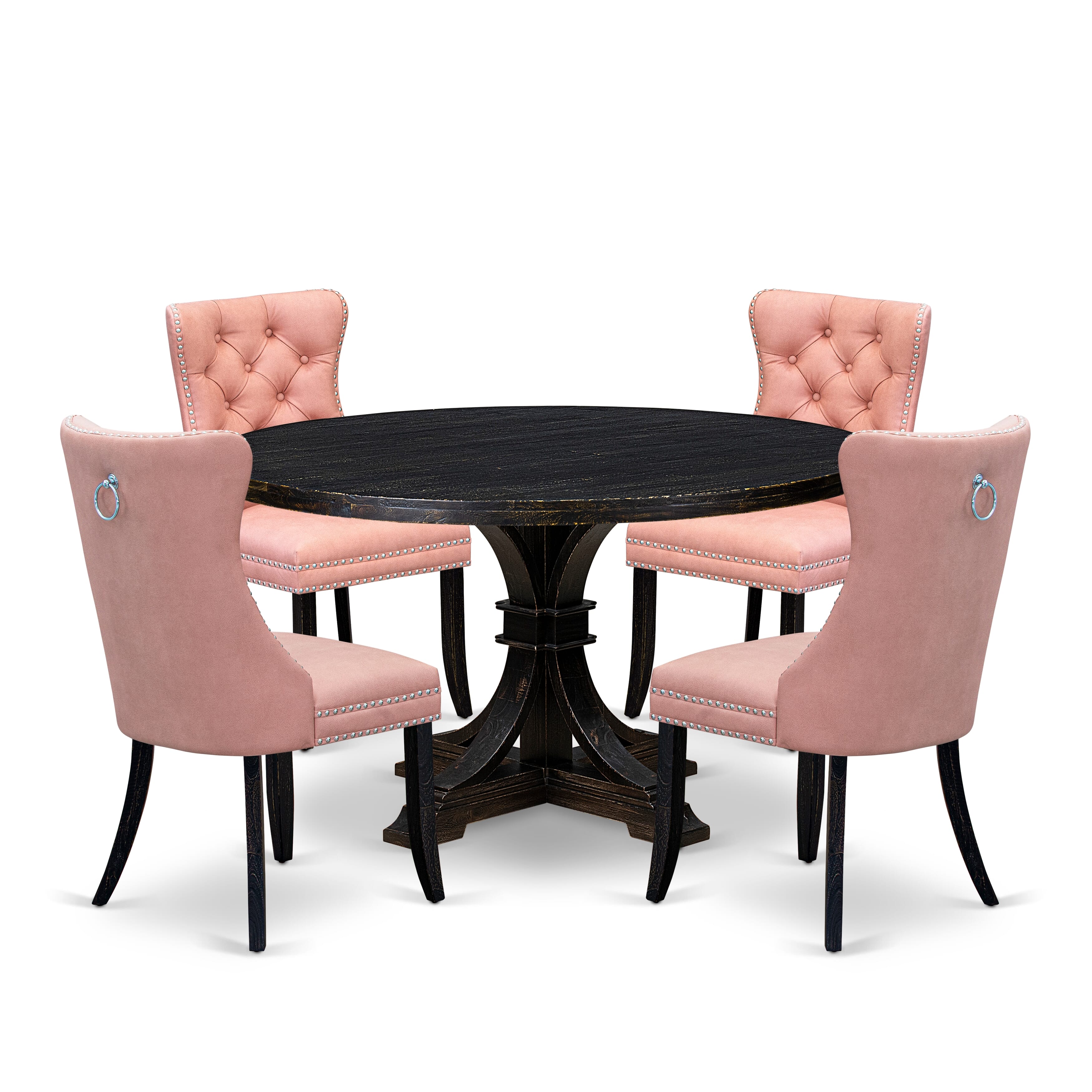 Luxe by East West Furniture I7DA5-511-23 5 Piece Dining Set for 4 Consists of a 54" Round Table with Pedestal and 4 Beige Red Faux Leather Padded Chairs, Sand Blasted Black